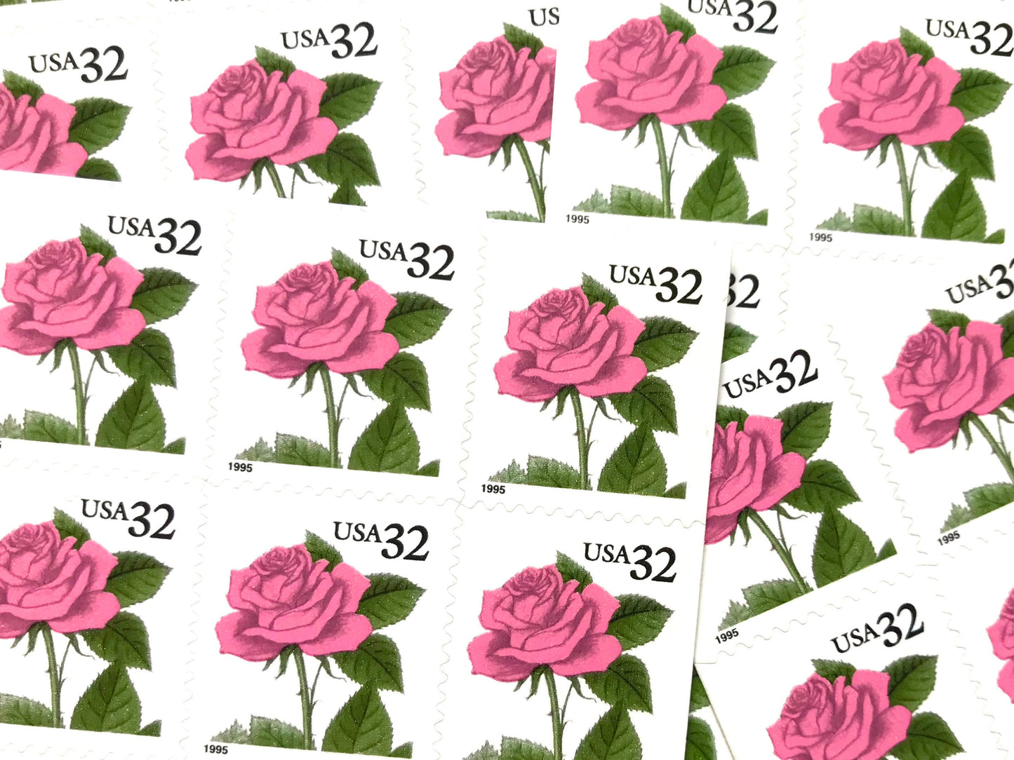Pink Rose Stamps (Flora & Fauna Series, Love, Botanical, Roses, Flowers, Wedding, Pink) Vintage Unused USPS Postage 32c