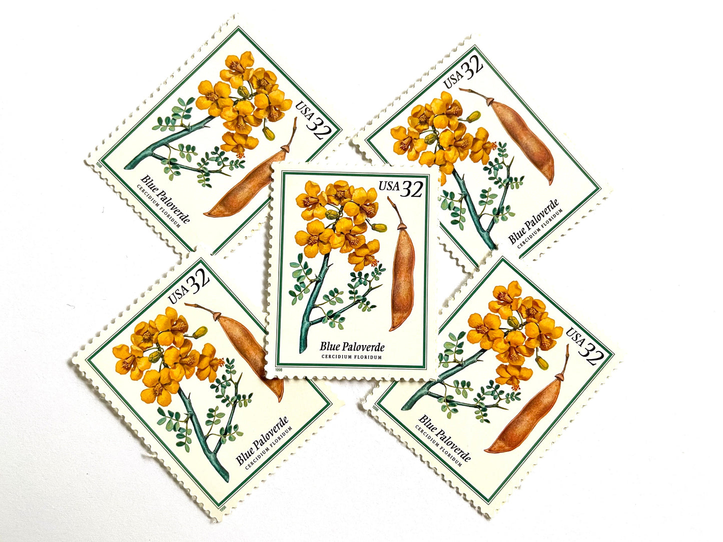 Flowering Trees Blue Paloverde Stamps (Southwest Flora, Arizona State Tree, Yellow Flower) Vintage Unused USPS Postage 32c