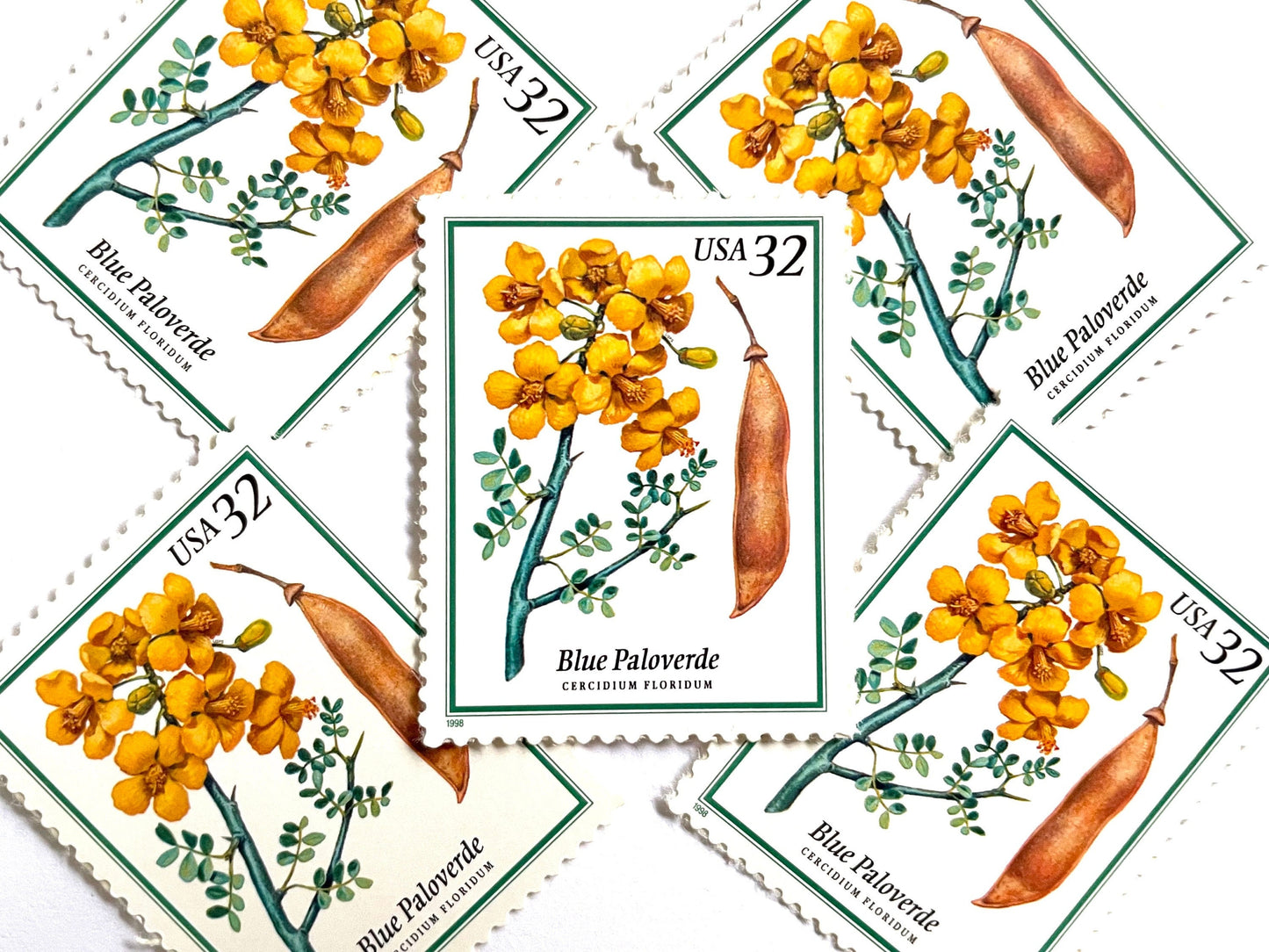 Flowering Trees Blue Paloverde Stamps (Southwest Flora, Arizona State Tree, Yellow Flower) Vintage Unused USPS Postage 32c