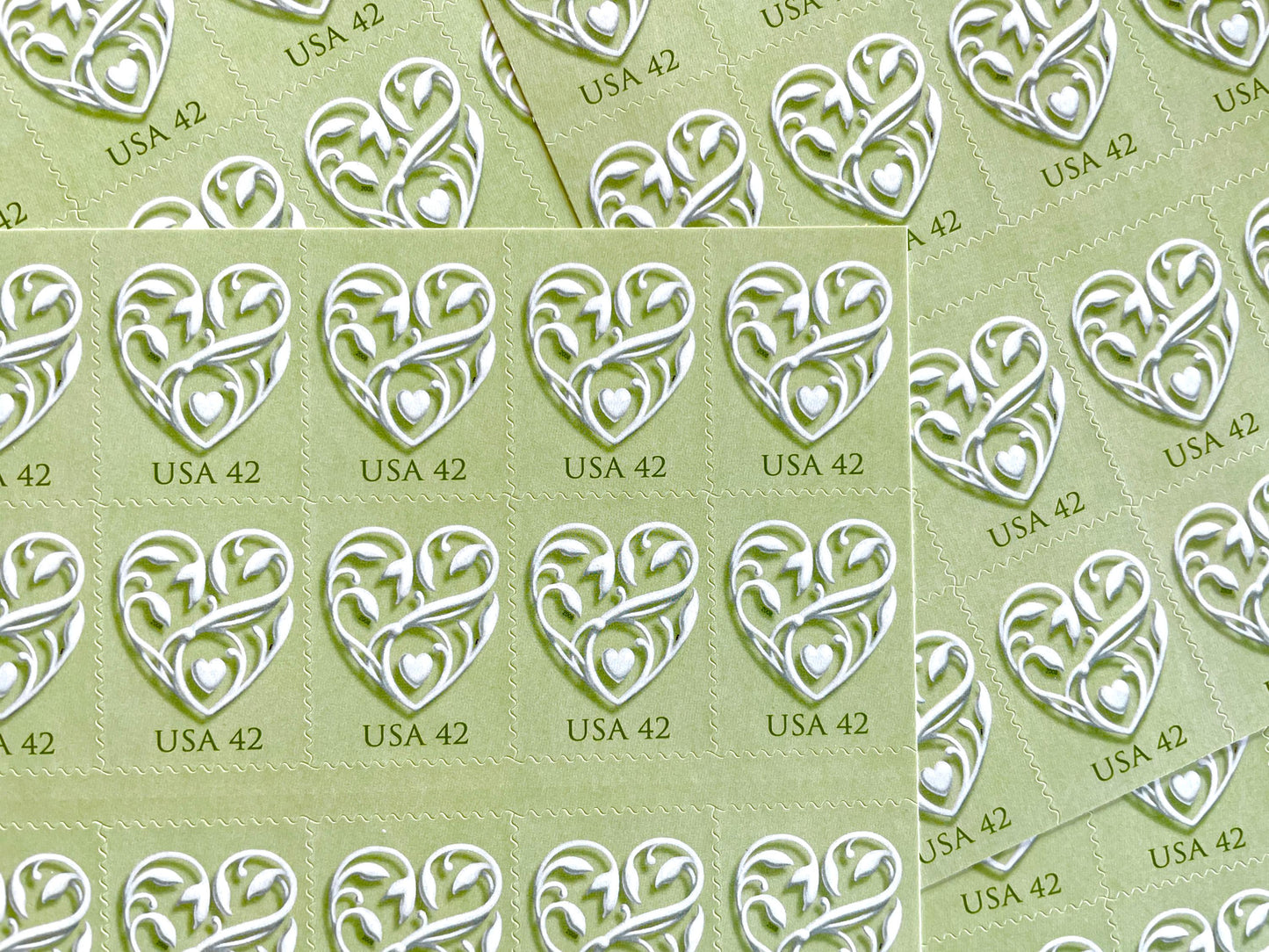 Green Wedding Hearts Stamps (Wedding Series, Love, Heart, Valentine's Day) Vintage Unused USPS Postage 42c