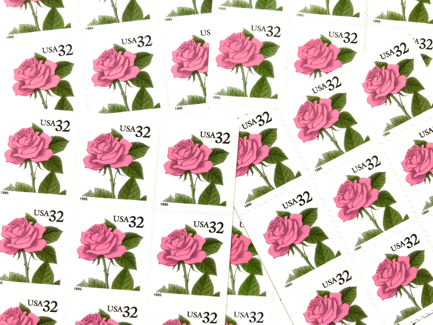 Pink Rose Stamps (Flora & Fauna Series, Love, Botanical, Roses, Flowers, Wedding, Pink) Vintage Unused USPS Postage 32c