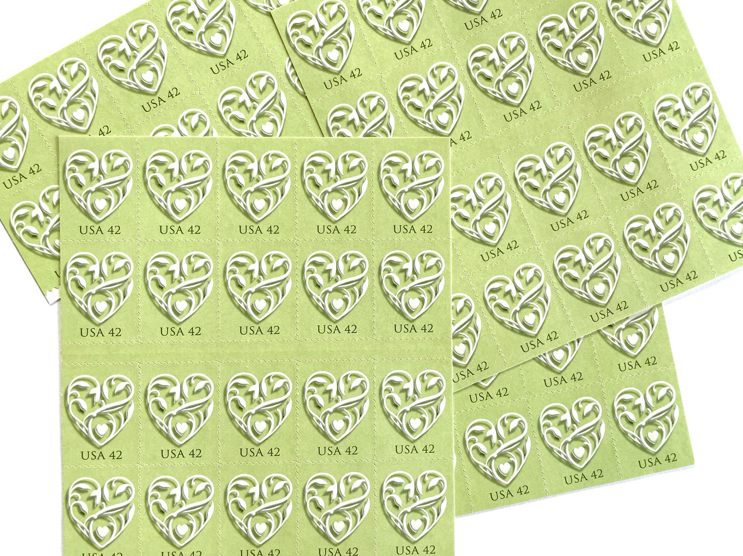 Green Wedding Hearts Stamps (Wedding Series, Love, Heart, Valentine's Day) Vintage Unused USPS Postage 42c