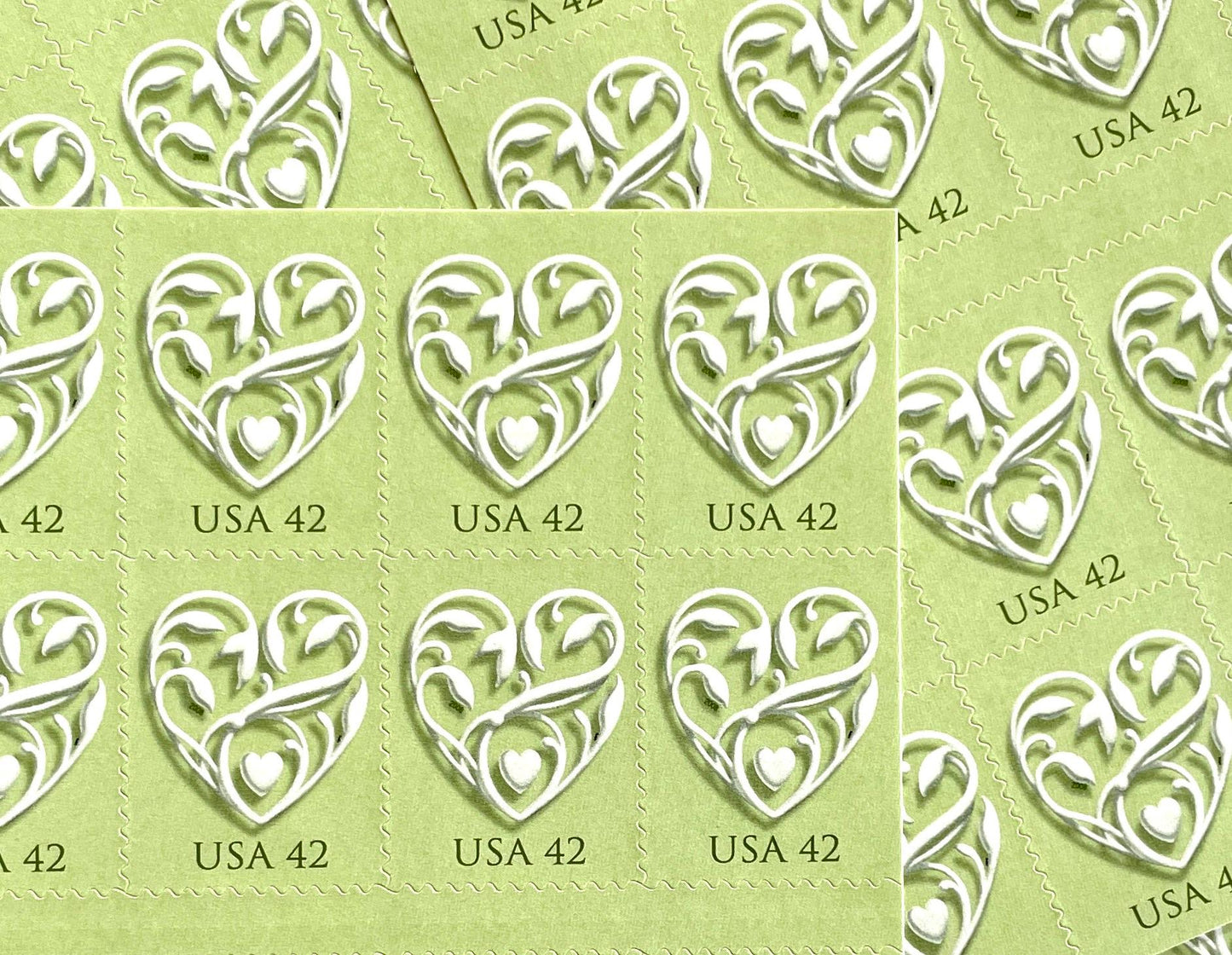 Green Wedding Hearts Stamps (Wedding Series, Love, Heart, Valentine's Day) Vintage Unused USPS Postage 42c