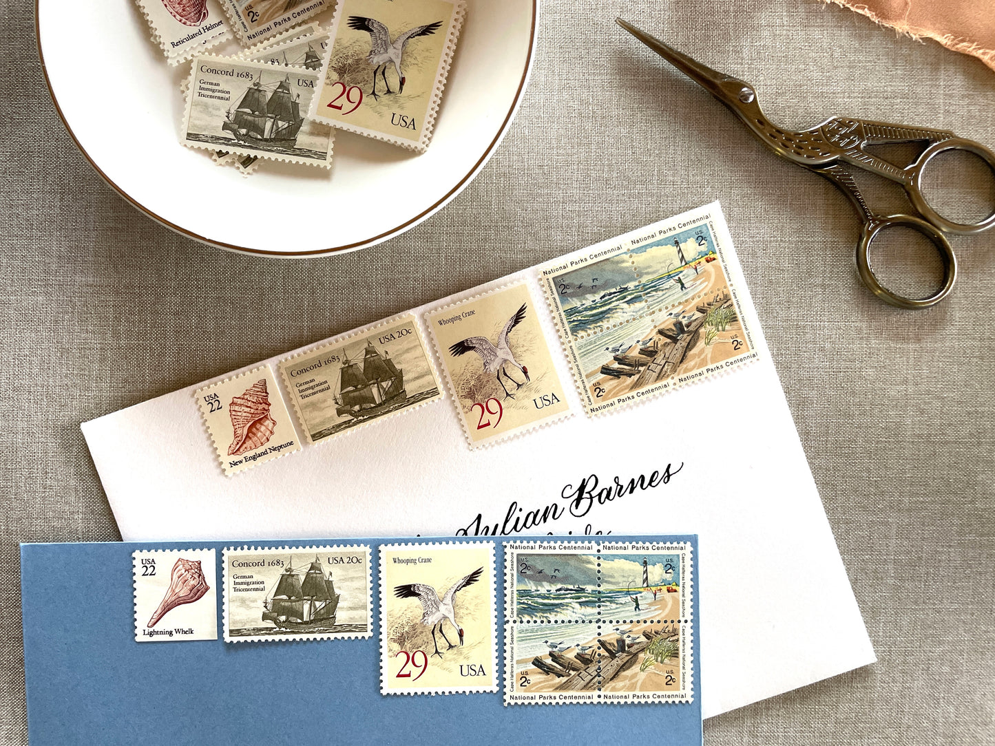 These unused vintage stamp sets are perfect for mailing beach, nautical, coastal, and marine-themed save-the-dates, wedding invitations, bridal shower invitations, and other special correspondence. Each curated set is comprised of four (4) unused stamps with a total USPS postage value of 79 cents — enough postage to mail a standard rectangular envelope that weighs up to one (1) ounce. These unused U.S. stamps are perfectly valid for use as current postage for mailing with USPS.