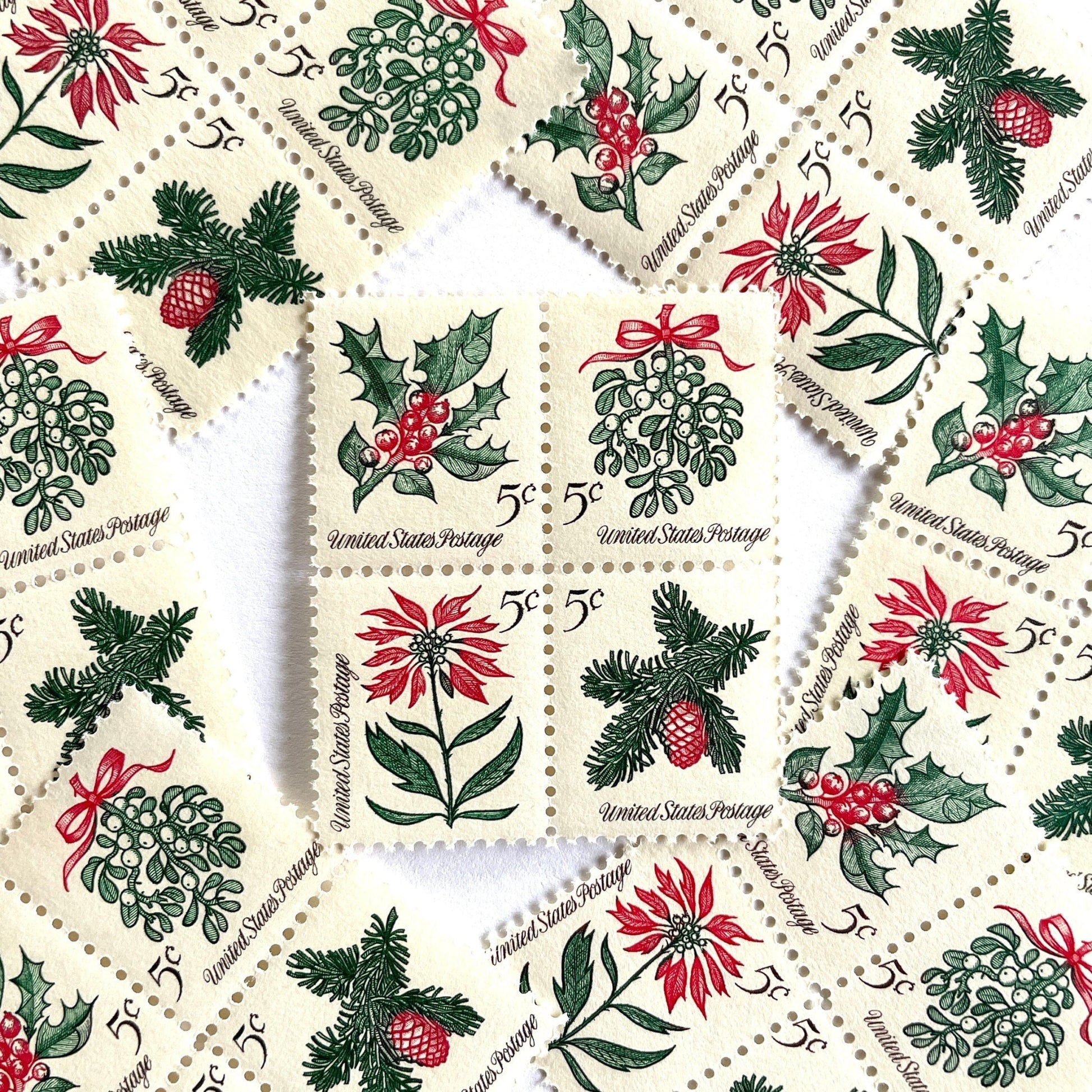 Image of four 5-cent “Christmas Issue Se-Tenant” USPS postage stamps featuring green and red holiday plants from the 1964 Contemporary Christmas Series. Mistletoe, Holly, Poinsettia, Evergreen. Scott #1254, Scott #1255, Scott #1256, Scott #1257.