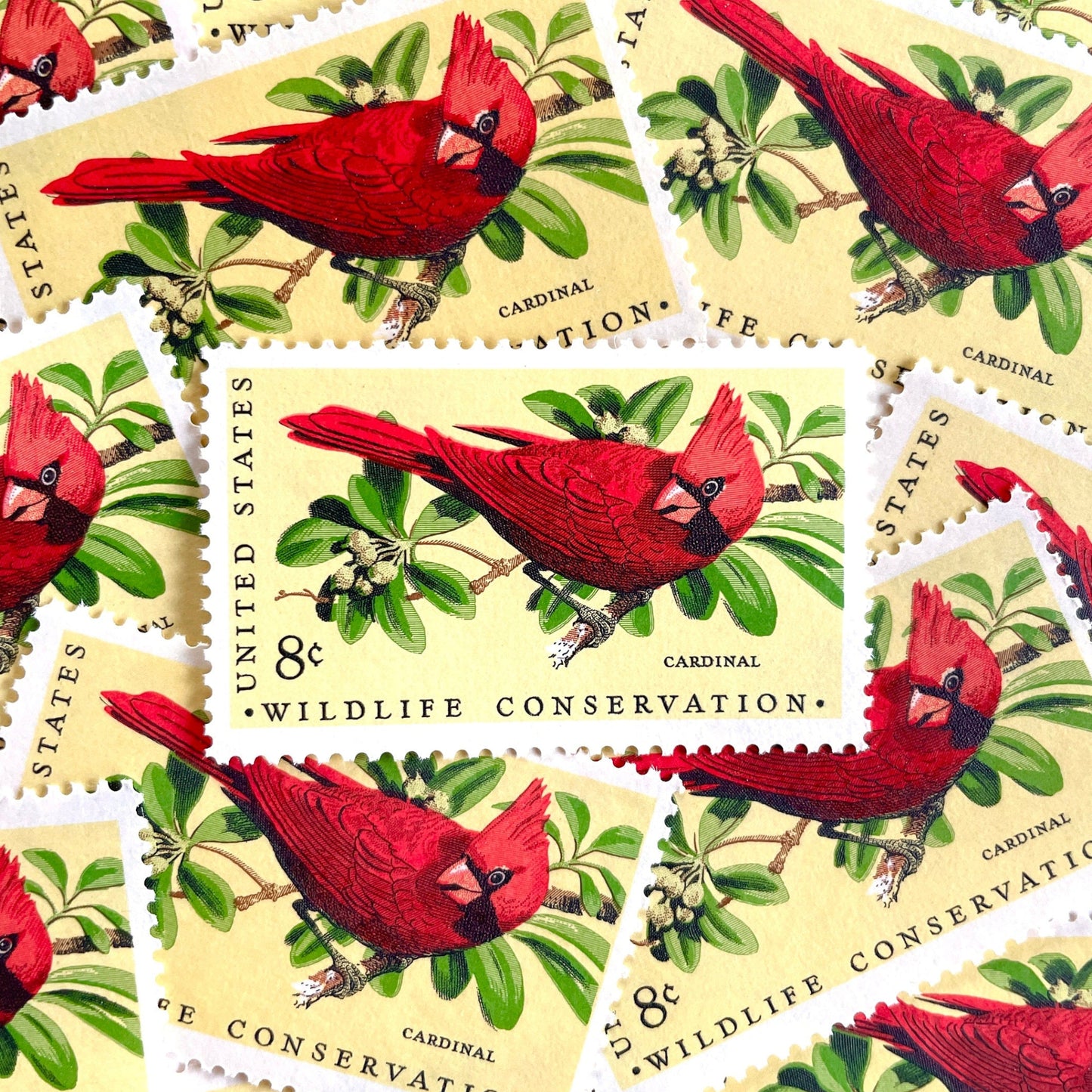 Image of 1972 Wildlife Conservation “Cardinal” 8-cent stamps. Scott #1465. Stamp Themes: Bird, Bird Watching, Bird Perched, Wildlife Conservation, Christmas, Holidays. Red postage stamps.