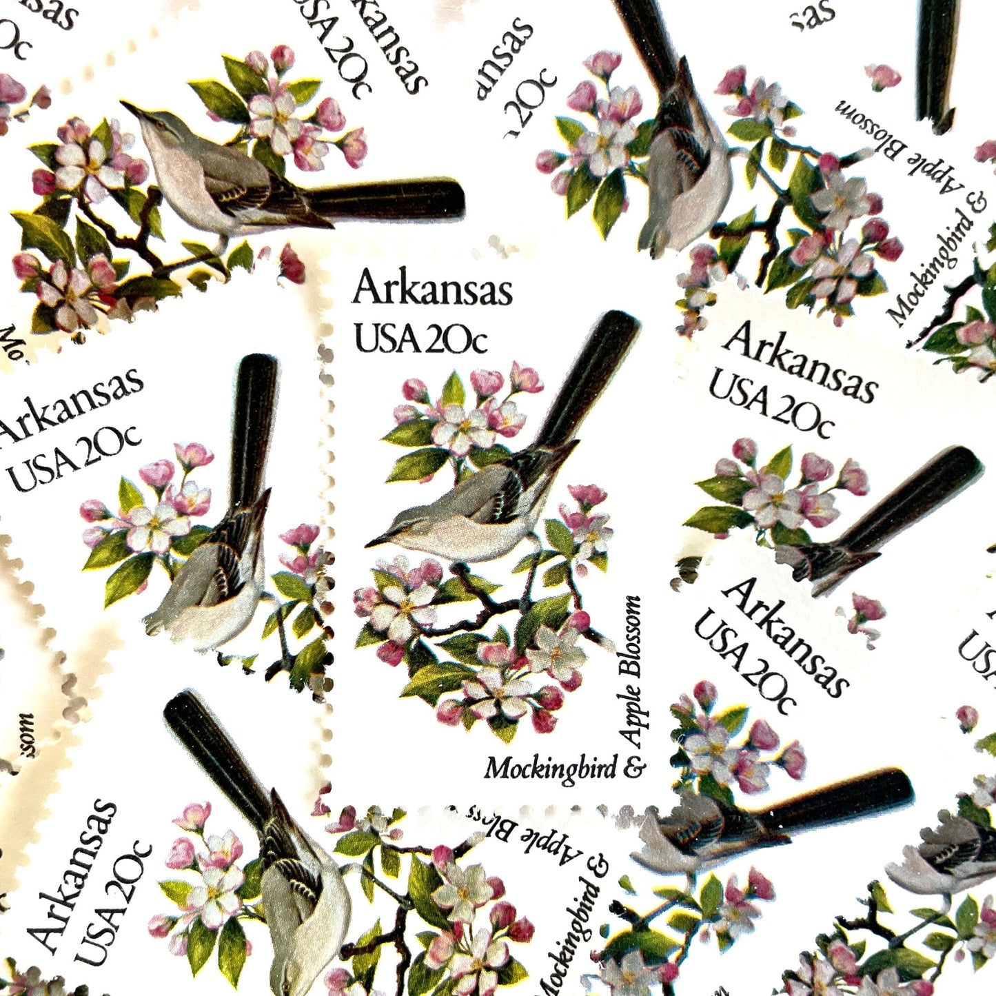 Image of Arkansas State Bird and Flower postage stamps from 1982, featuring a Mockingbird and Apple Blossom on vintage unused 20-cent USPS postage, Scott 1956.