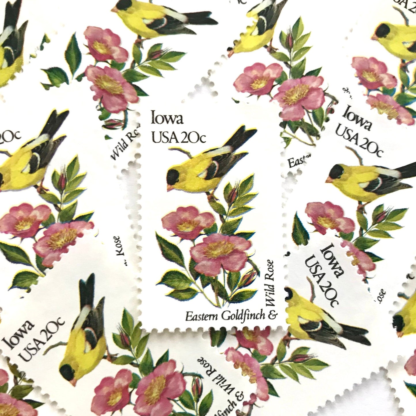Image of Iowa State Bird and Flower postage stamps from 1982, featuring an Eastern Goldfinch and Wild Prairie Rose on vintage unused 20-cent USPS postage, Scott 1967.