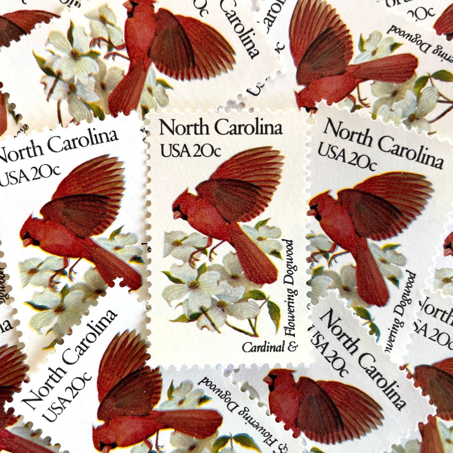 Image of North Carolina State Bird and Flower postage stamps from 1982, featuring a Cardinal and Flowering Dogwood on vintage unused 20-cent USPS postage, Scott 1985.