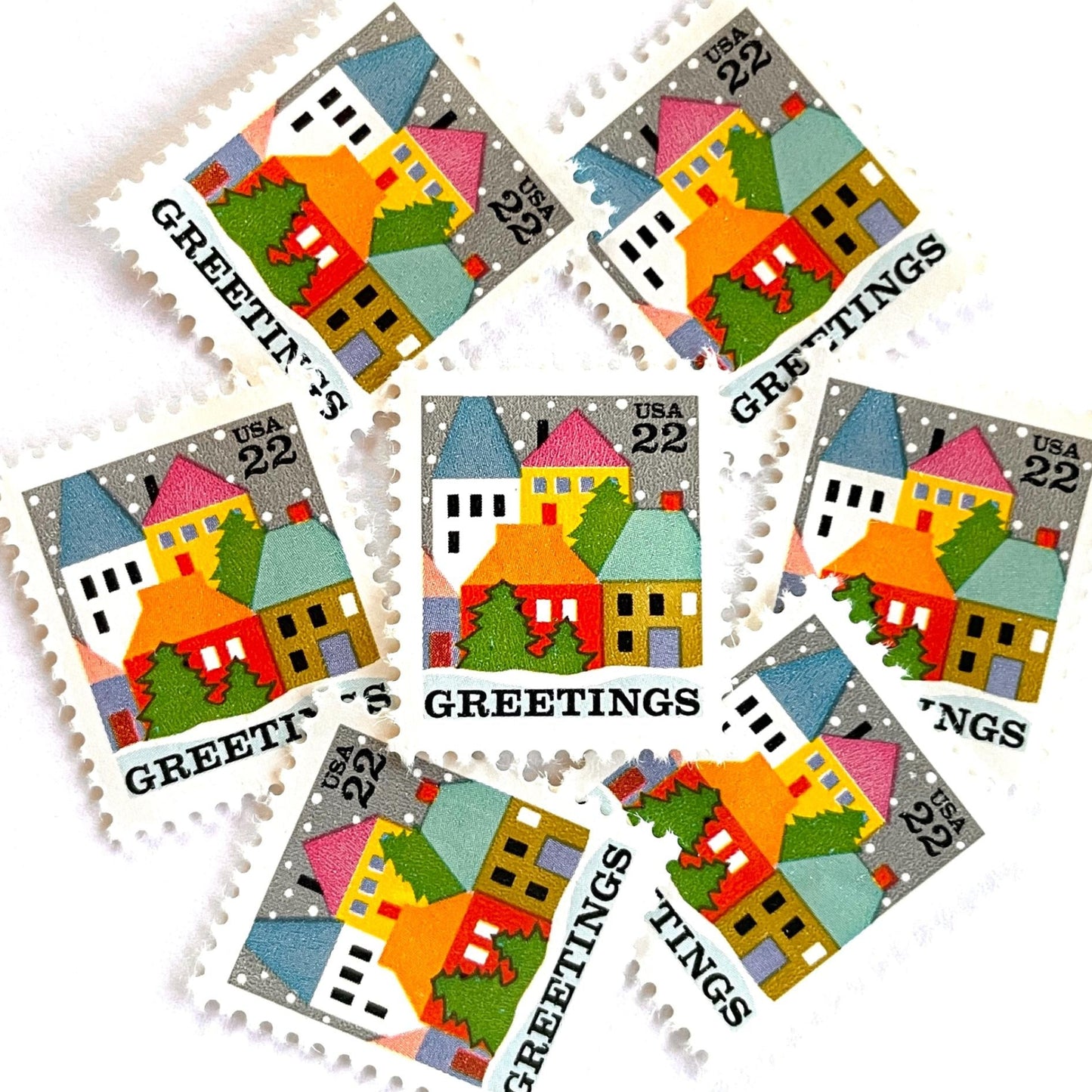 Image of 1986 Contemporary Christmas “Winter Village Scene” 22 cent stamps. Scott #2245. Stamp Themes: Christmas, Holidays, Greetings, Winter, Snow, Snowing, Houses. Multicolored postage stamp.