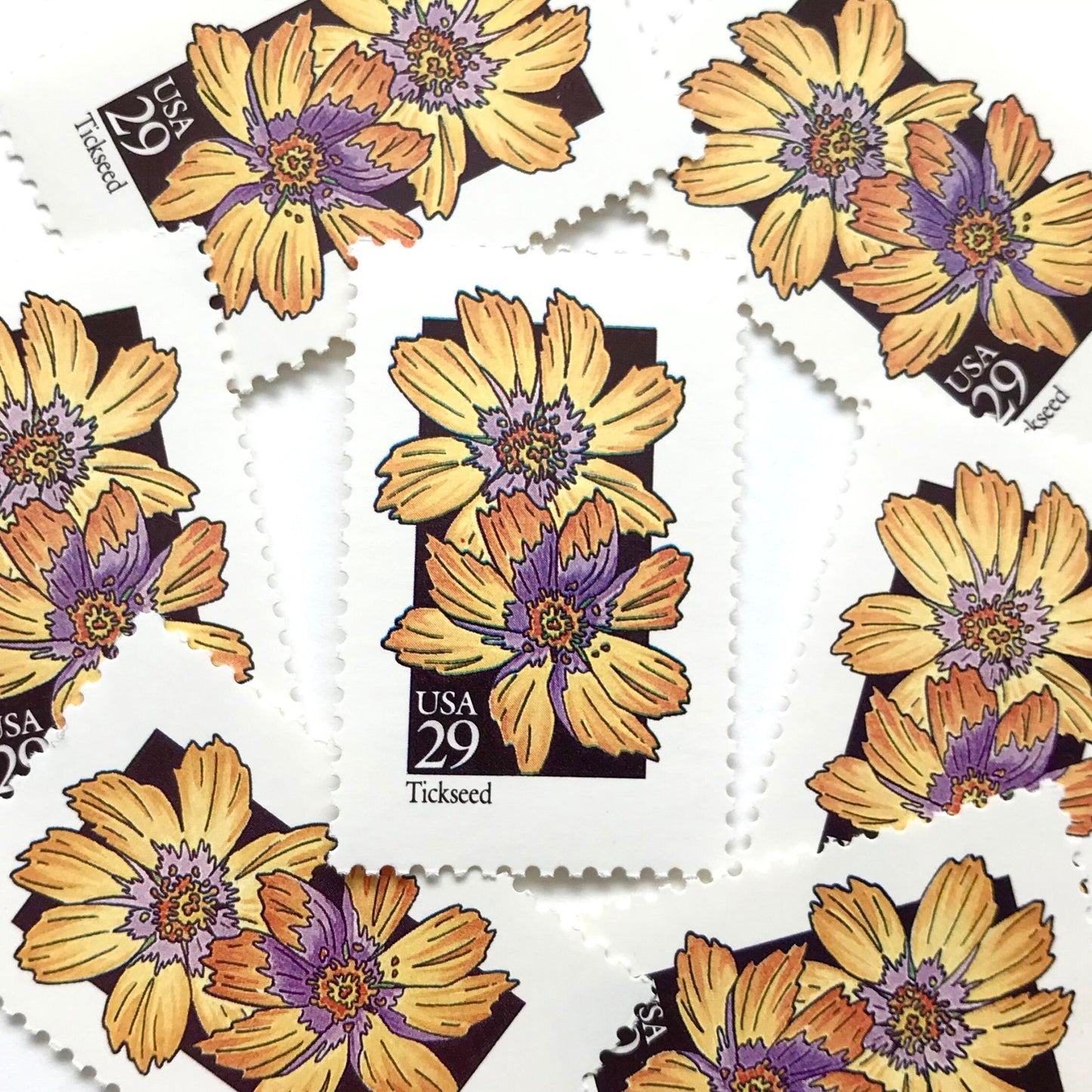 Image of 29-cent USPS postage stamps featuring a yellow Tickseed flower from the 1992 American Wildflower Series (Scott #2653)