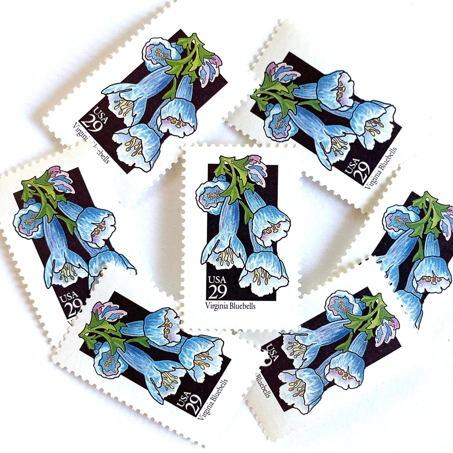 Image of 1992 American Wildflower Series “Virginia Bluebells” vintage USPS mail stamps. Scott #2668. Stamp Themes: Plants, Flowers, Wildflowers, Flora. Blue, Purple, Green, Multicolored gummed postage stamp. Perfect postage stamp to use for save the date announcements, wedding invitation postage, bridal shower invitations, birth announcements, valentine’s day, thank you cards, and snail mail.