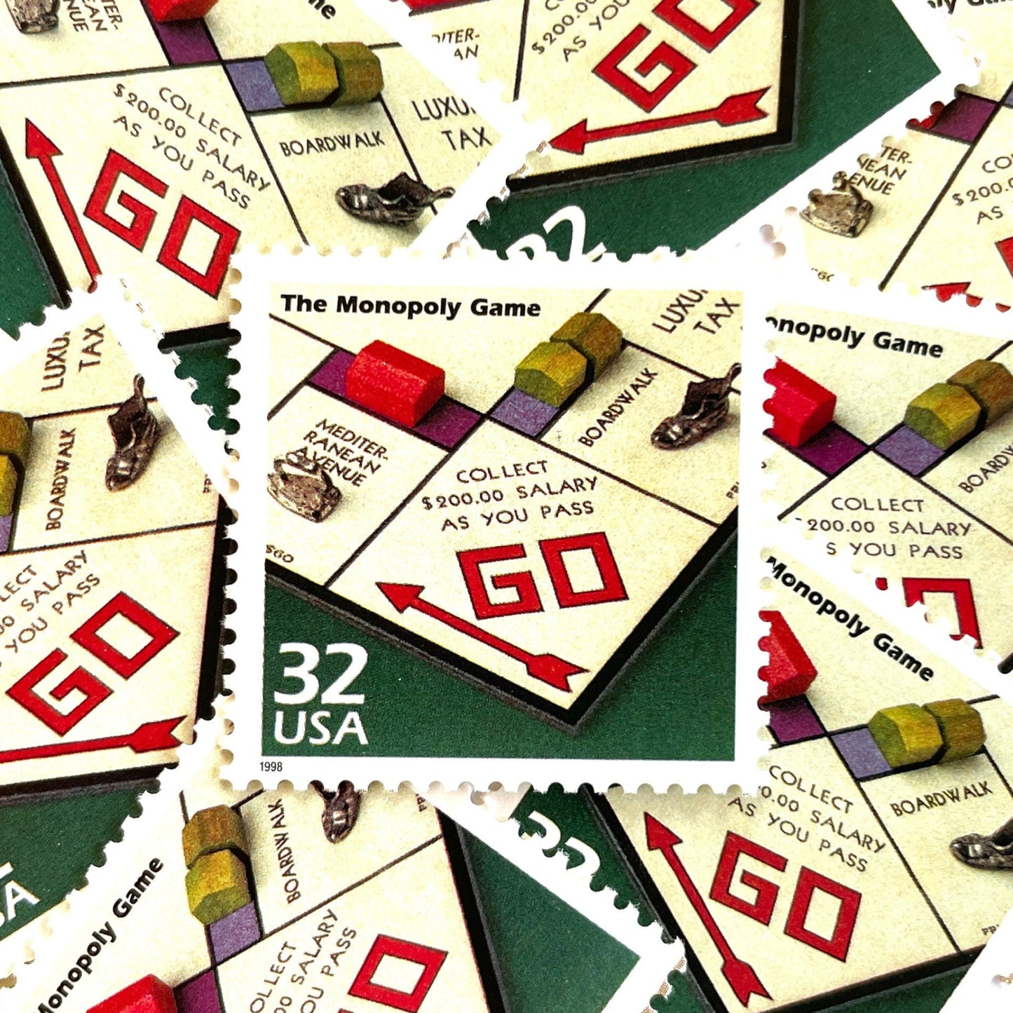 Image of 1998 Celebrate the Century — 1930s The Monopoly Game 32 cent stamps. Scott #3185o. Stamp themes: Board Games, Family Game Night, Gameplay, Pass GO, Get Out of Jail, Monopoly Money, Real Estate, Bankruptcy, Great Depression, Mortgage, Rent, Own it All.
