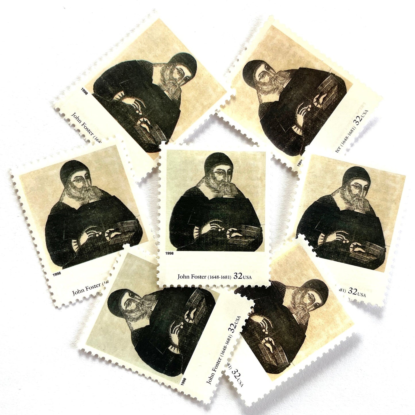 John Foster’s “Portrait of Richard Mather” Postage Stamp from the 1998 Four Centuries of American Art Series. This stamp depicts the iconic engraving of a puritan minister. An iconic religious theme, this black and white postage stamp depicts a puritan minister and is often used to mail wedding invitations. These are vintage unused USPS postage stamps with a face value of 32 cents each. Scott number 3236A.