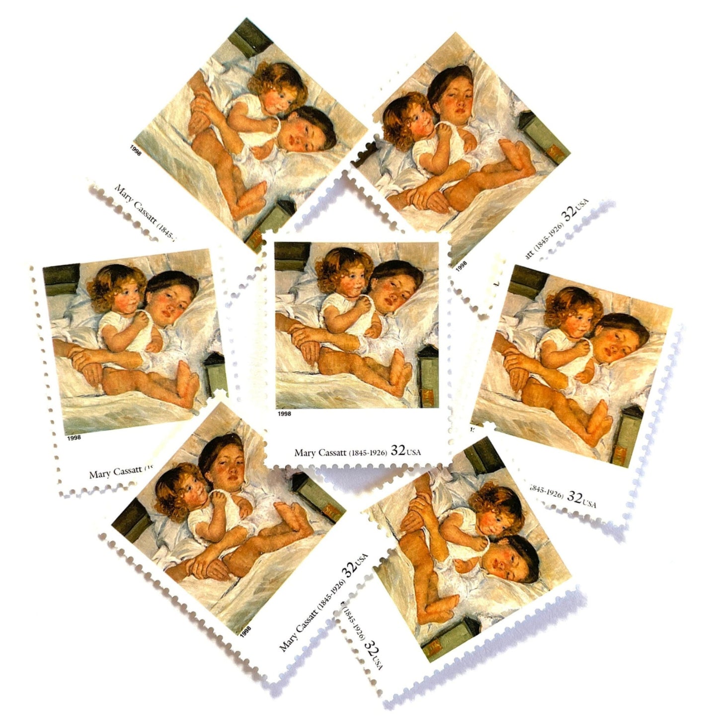 Mary Cassatt’s "Breakfast in Bed" Postage Stamp from the 1998 Four Centuries of American Art Series. This stamp depicts a painting of a mother embracing her young daughter, a baby or toddler, in bed. An iconic motherhood theme, this postage stamp is often used to mail mother’s day cards, wedding invitations, and birth announcements. These are vintage unused USPS postage stamps with a face value of 32 cents each. Scott number 3236O.