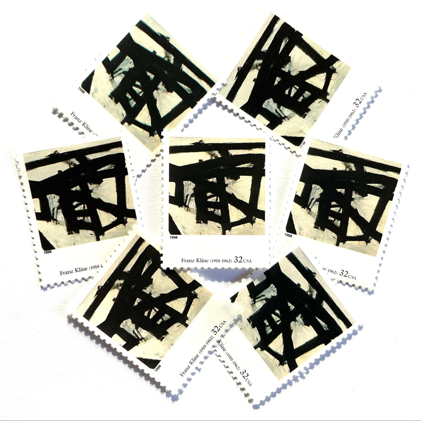 Franz Kline's "Mahoning" Postage Stamps from the 1998 Four Centuries of American Art Series. This iconic black and white postage stamp depicts modern abstract art and is often used to mail wedding invitations and save the dates. These are vintage unused USPS postage stamps with a face value of 32 cents. Scott number 3236S.