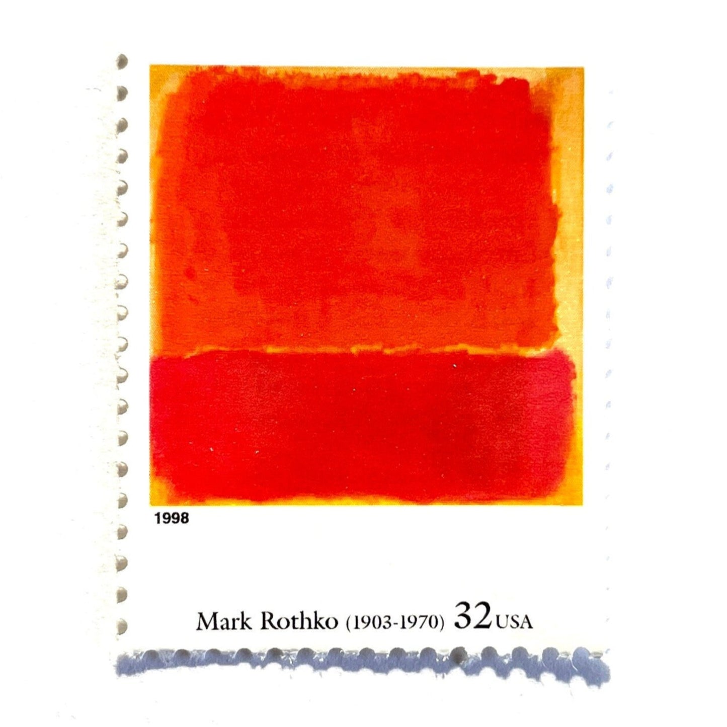 A close up image of Mark Rothko’s “No. 12" Postage Stamp from the 1998 Four Centuries of American Art Series. This stamp depicts a modern abstract expressionism painting of various colors, predominately orange and red, with a touch of yellow, painted in a square with the brushstrokes evident. An iconic abstract theme, this postage stamp is often used to mail wedding invitations. These are vintage unused USPS postage stamps with a face value of 32 cents each. Scott number 3236T.