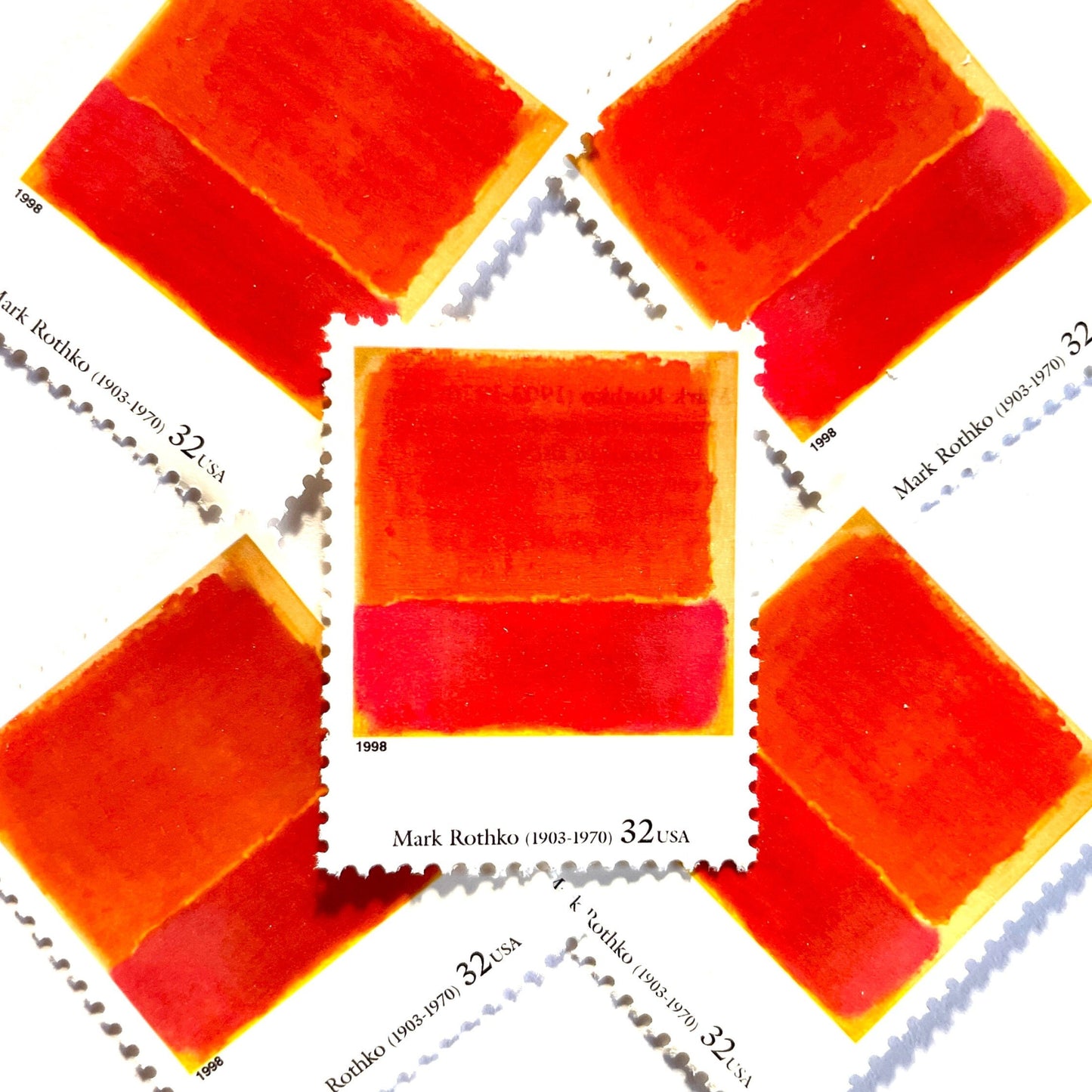 Mark Rothko’s “No. 12" Postage Stamp from the 1998 Four Centuries of American Art Series. This stamp depicts a modern abstract expressionism painting of various colors, predominately orange and red, with a touch of yellow, painted in a square with the brushstrokes evident. An iconic abstract theme, this postage stamp is often used to mail wedding invitations. These are vintage unused USPS postage stamps with a face value of 32 cents each. Scott number 3236T.