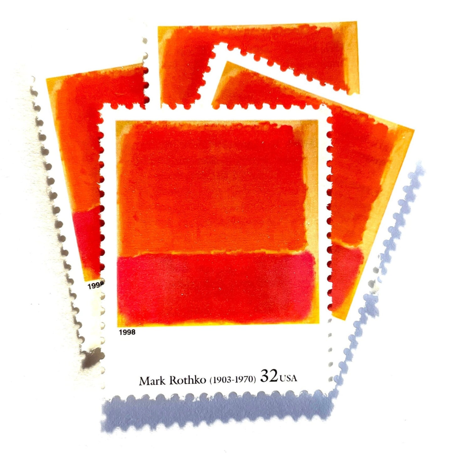 Mark Rothko’s “No. 12" Postage Stamp from the 1998 Four Centuries of American Art Series. This stamp depicts a modern abstract expressionism painting of various colors, predominately orange and red, with a touch of yellow, painted in a square with the brushstrokes evident. An iconic abstract theme, this postage stamp is often used to mail wedding invitations. These are vintage unused USPS postage stamps with a face value of 32 cents each. Scott number 3236T.