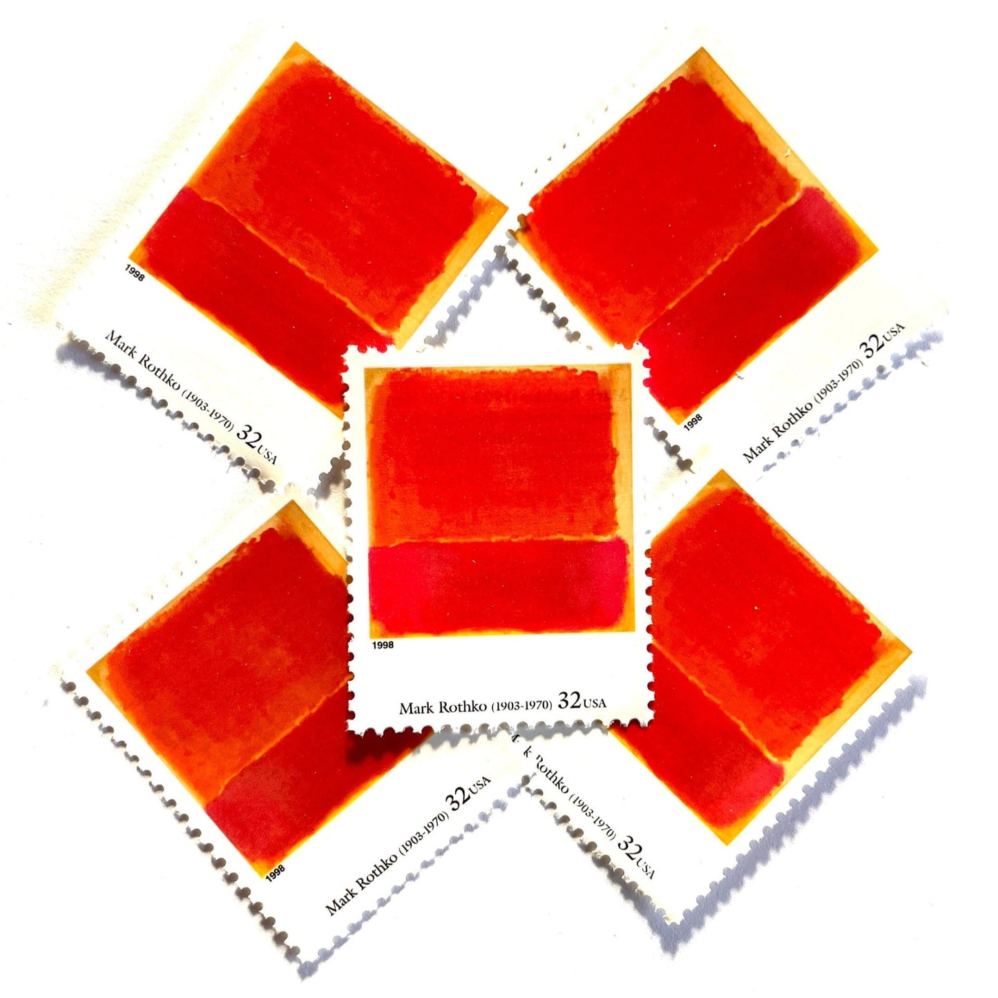 Mark Rothko’s “No. 12" Postage Stamp from the 1998 Four Centuries of American Art Series. This stamp depicts a modern abstract expressionism painting of various colors, predominately orange and red, with a touch of yellow, painted in a square with the brushstrokes evident. An iconic abstract theme, this postage stamp is often used to mail wedding invitations. These are vintage unused USPS postage stamps with a face value of 32 cents each. Scott number 3236T.