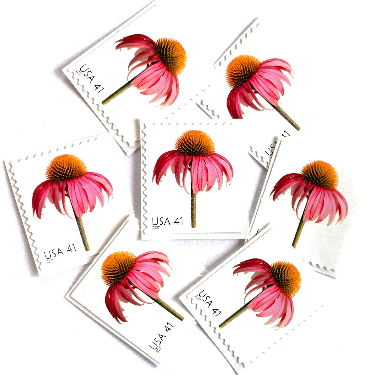 Image of 2007 Beautiful Blooms series “Coneflower” unused 41-cent vintage USPS mail stamps. Scott #4184. Stamp Themes: Flowers, Floral, Botanical, Fragrant, Gardening, Nature. Pink, Orange, Green, Multicolored self-adhesive postage stamp. Perfect postage stamp to use for save the date announcements, wedding invitation postage, bridal shower invitations, birth announcements, thank you cards, valentine’s day, and snail mail.
