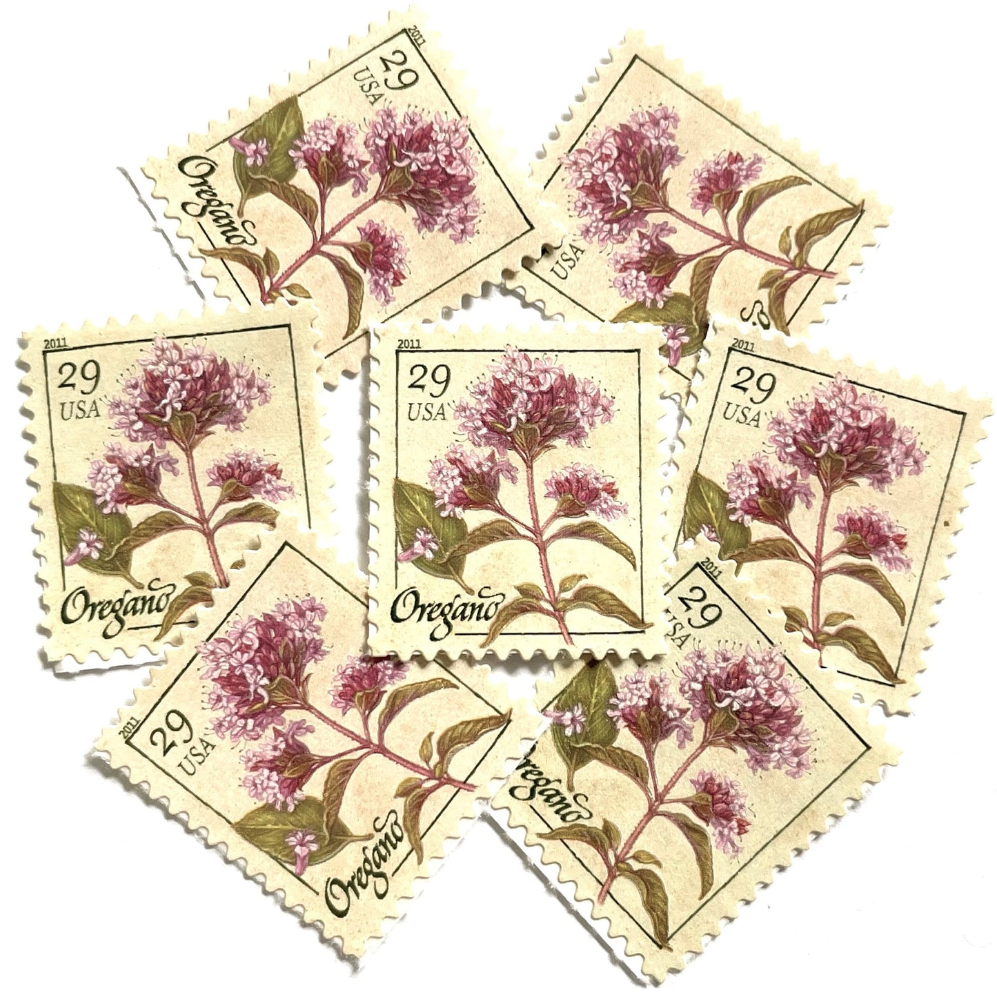 Image of 2011 Herbs Series “Oregano” unused 29-cent USPS mail stamps. Scott #4505. Stamp Themes: Herbs, Culinary, Cooking, Flowers, Wildflowers, Floral, Botanical, Fragrant, Italian Wedding, Bridal. Pink, Green, White, Beige/Neutral, Multicolored self-adhesive postage stamp. Perfect postage stamp to use for save the date announcements, wedding invitation postage, shower invitations, birth announcements, thank you cards, valentine’s day, and snail mail.
