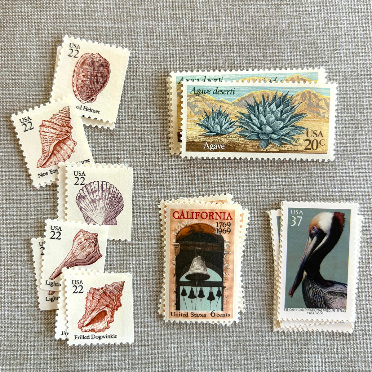 Unused vintage stamp set perfect for mailing California wedding invitations, save-the-dates, or other special correspondence. Each curated set is comprised of four unused stamps with a total USPS postage value of 85 cents, enough postage to mail a standard rectangular envelope that weighs up to one ounce. These stamps are perfectly valid for use as postage for mailing with USPS.