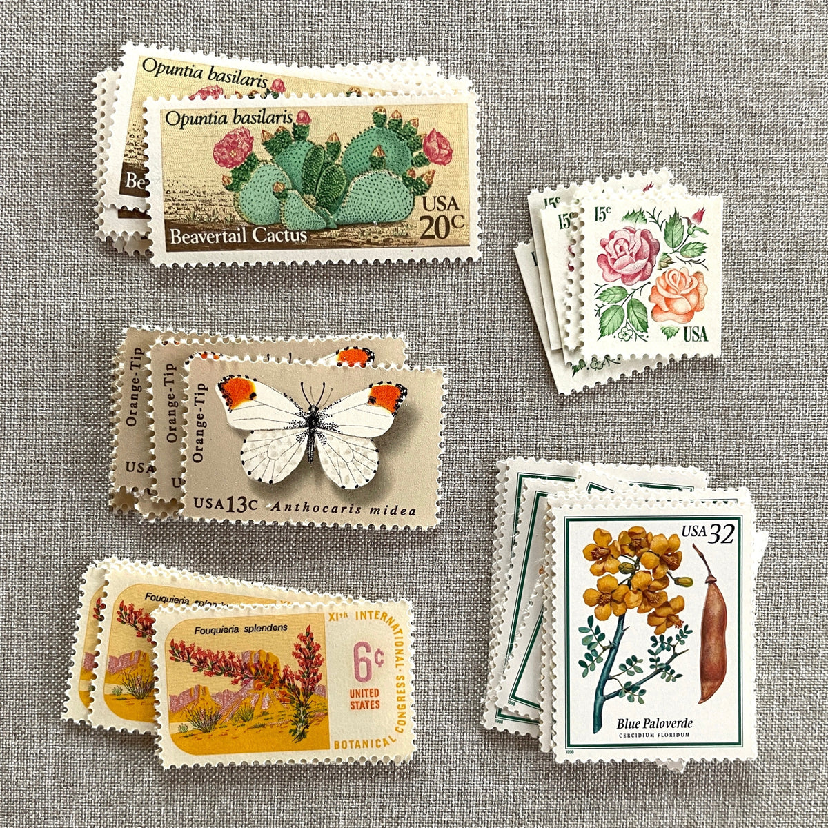 Vintage desert postage stamp set featuring Medallion Rose, Beavertail Cactus, Paloverde, Orange-Tip Butterfly, and Ocotillo unused U.S. stamps for Southwest wedding invitations and save-the-dates.