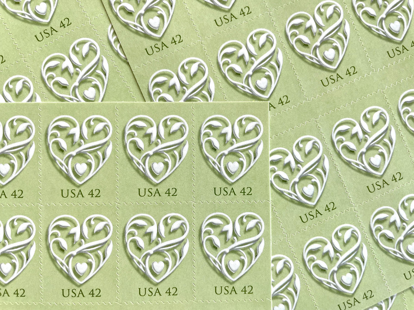Green Wedding Hearts Stamps (Wedding Series, Love, Heart, Valentine's Day) Vintage Unused USPS Postage 42c