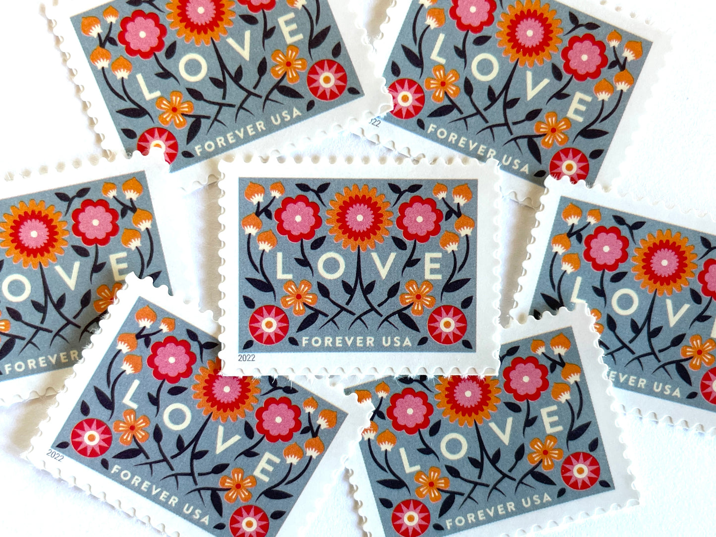 2022 LOVE Forever Blue Background USPS Postage Stamp, Uncirculated, Unused Mail Stamp, Mint Condition, Forever Stamp, Wedding Postage, Valentine's Day Postage, Valentine's Day Stamp, Floral Stamp, Floral Postage, Flowers, Blue Postage Stamp, United States Postal Service Stamps, Face Value Forever Stamp