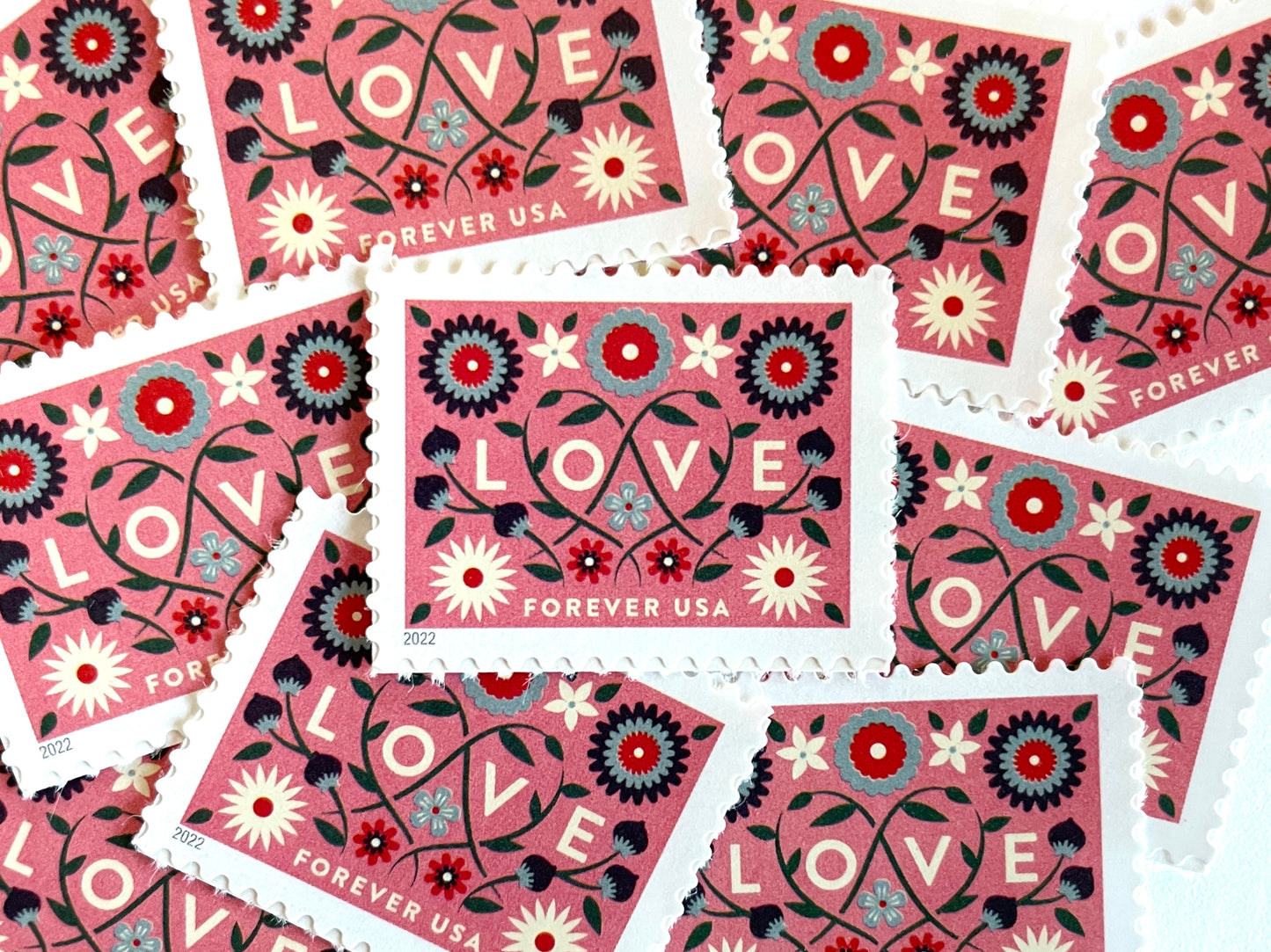 2022 LOVE Forever Pink Background USPS Postage Stamp, Uncirculated, Unused Mail Stamp, Mint Condition Stamp, Forever Stamp, Wedding Postage, Valentine's Day Postage, Valentine's Day Stamp, Floral Stamp, Floral Postage, Flowers, Pink Postage Stamp, Coral Postage Stamp, United States Postal Service Stamps, Face Value Forever Stamp, Love Series Stamp