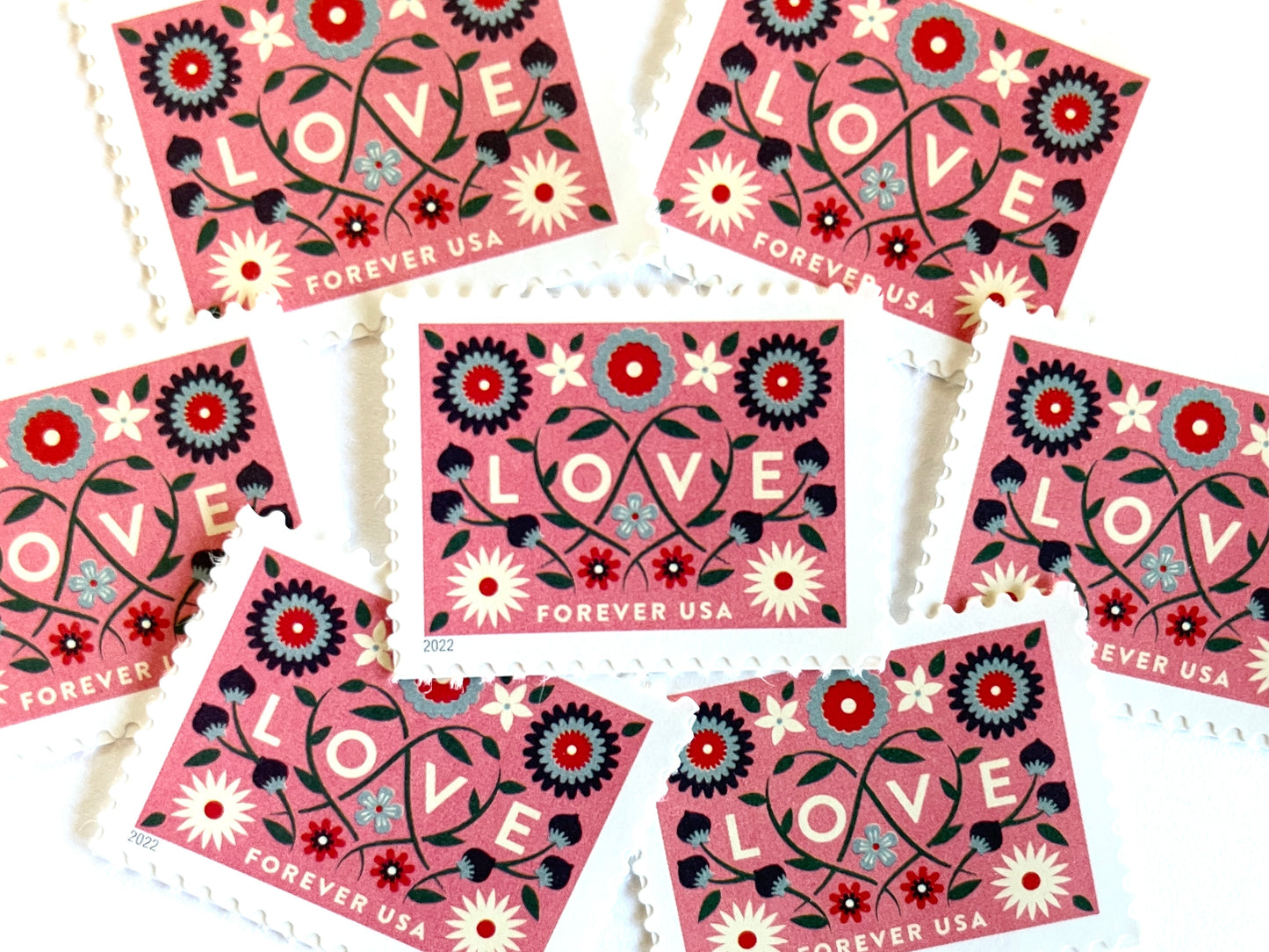 2022 LOVE Forever Pink Background USPS Postage Stamp, Uncirculated, Unused Mail Stamp, Mint Condition Stamp, Forever Stamp, Wedding Postage, Valentine's Day Postage, Valentine's Day Stamp, Floral Stamp, Floral Postage, Flowers, Pink Postage Stamp, Coral Postage Stamp, United States Postal Service Stamps, Face Value Forever Stamp, Love Series Stamp