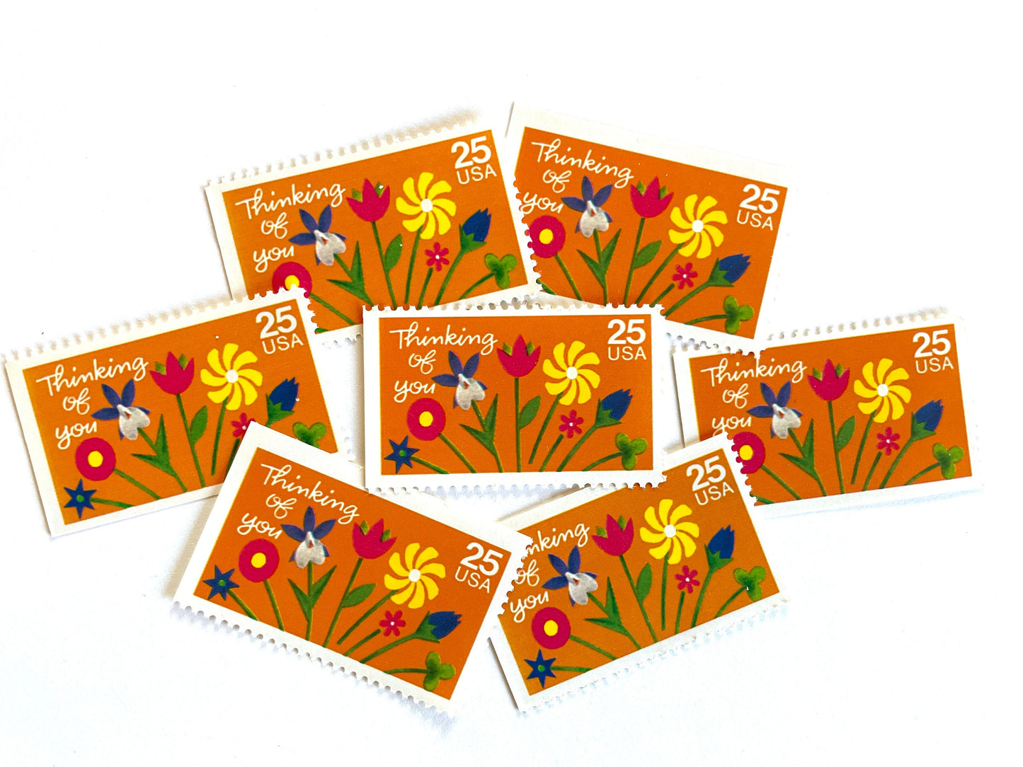 Thinking of You Special Occasions Stamps (Flowers, Folk Art, Orange) Vintage Unused USPS Postage 25c