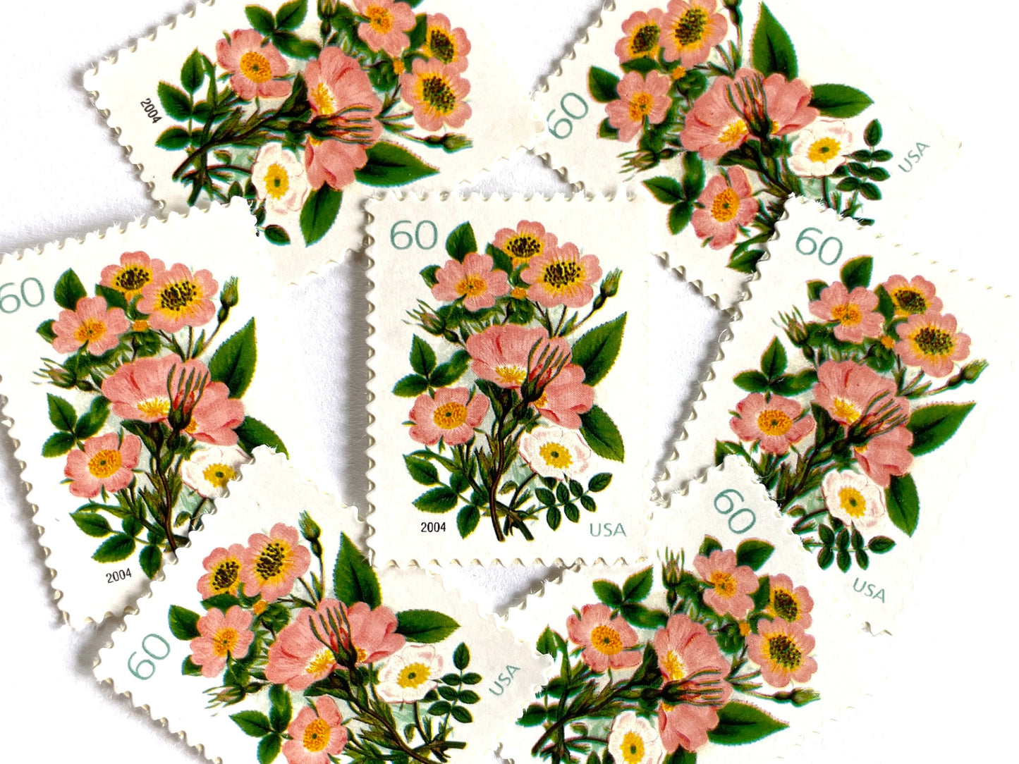 Vintage Unused Wedding Series Garden Botanical Stamps (Bridal Bouquet, Coral, Pink) USPS Postage 60c