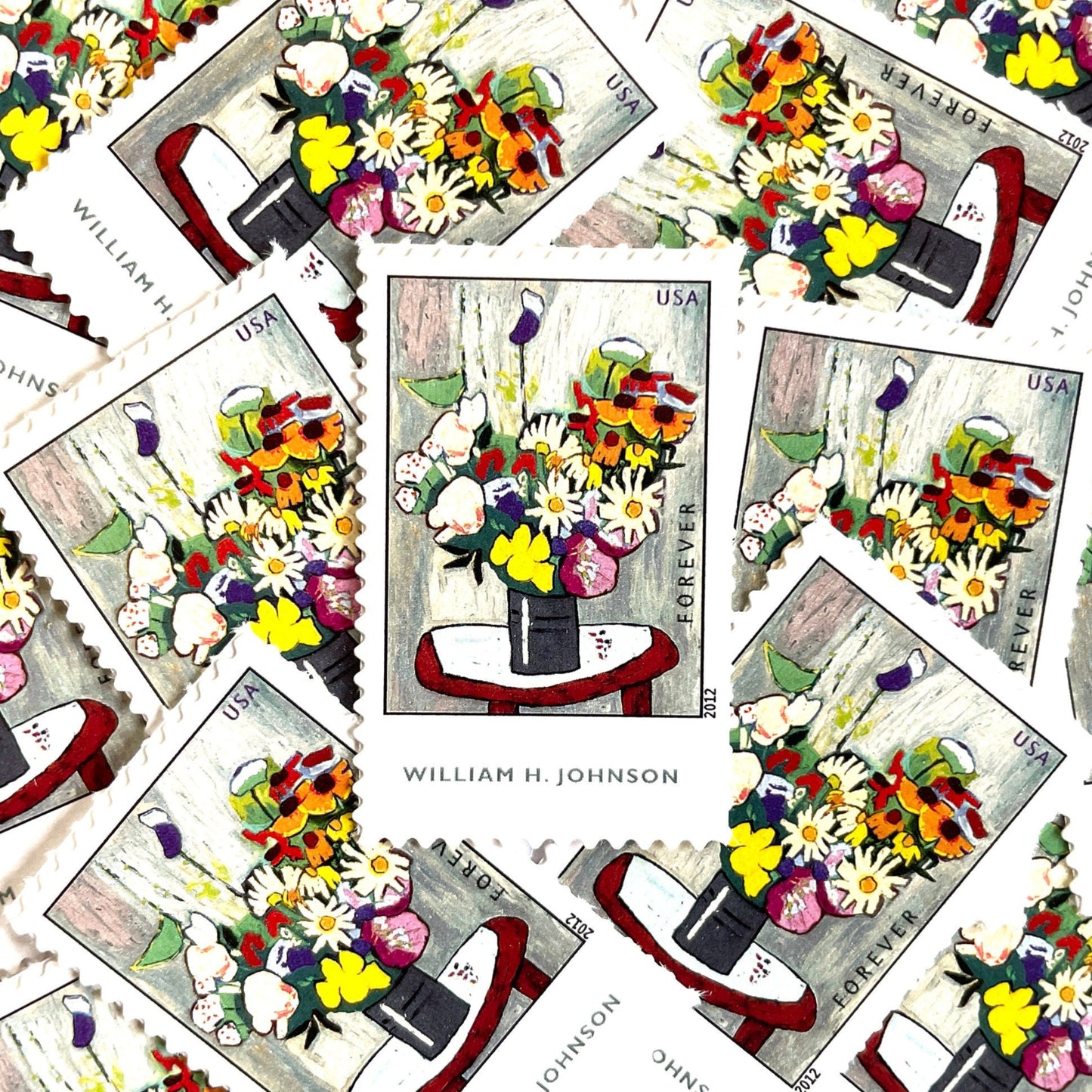 Flowers Painting Postage Stamps | William H. Johnson | American Treasures Series | Vintage Unused USPS Postage Forever Stamp
