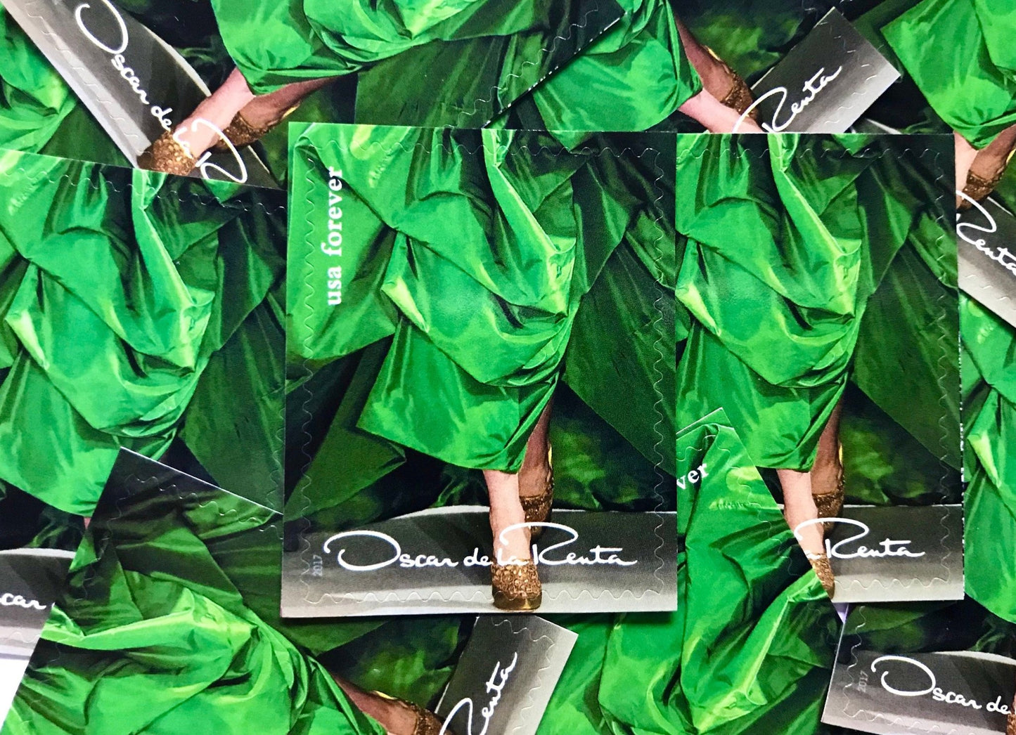 Unused Vintage Oscar de la Renta Green Dress Stamps (ODLR, Fashion Designer) USPS Postage Forever Stamp - Heritage Post House