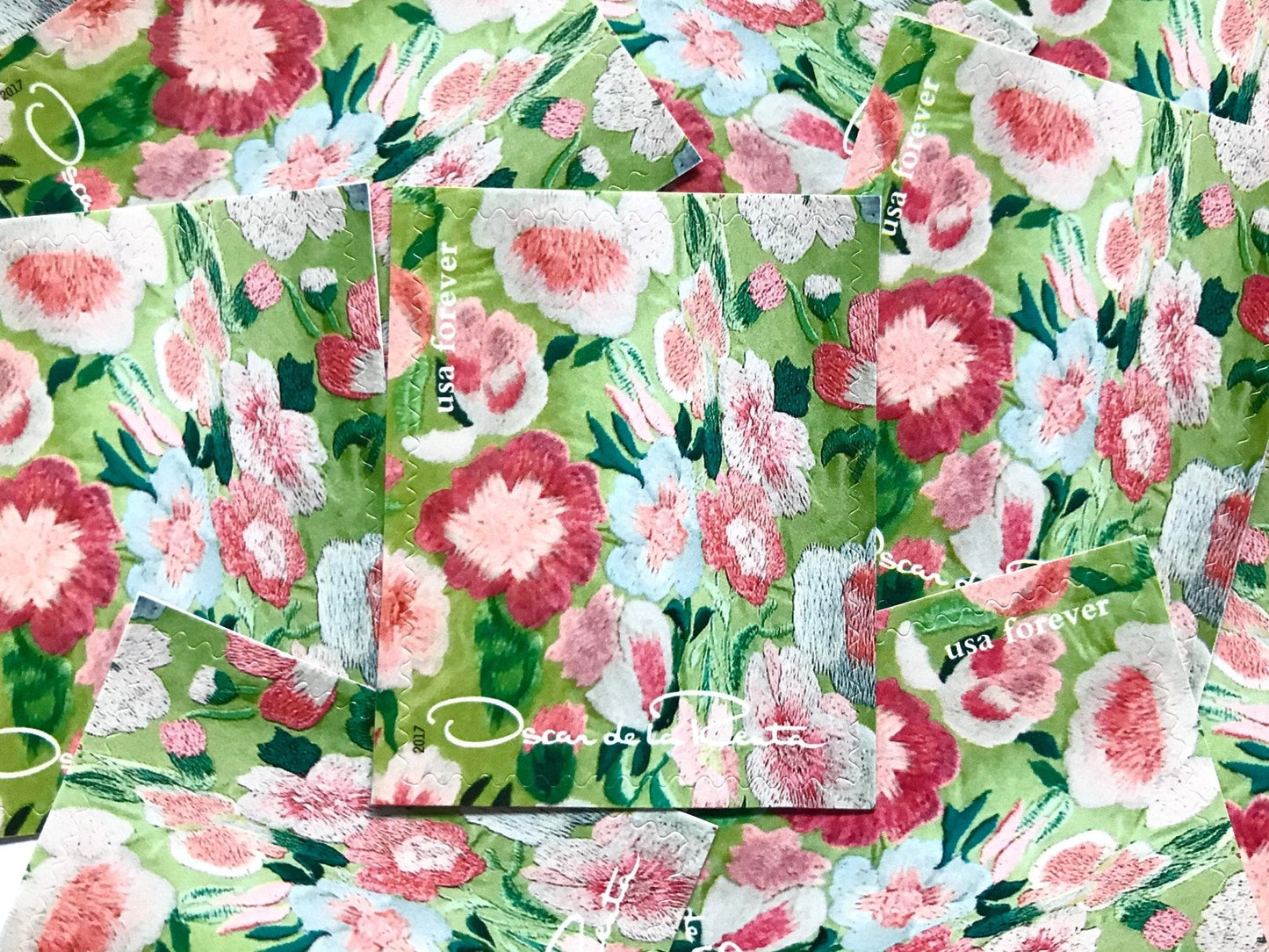 Unused Vintage Oscar de la Renta Green Floral Fabric Stamps (ODLR, Fashion Designer) USPS Postage Forever Stamp - Heritage Post House