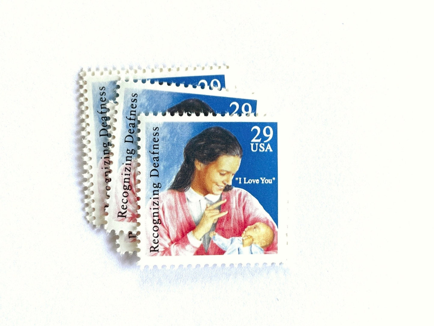 Vintage Unused American Sign Language Recognizing Deafness Stamps (Mother and Baby, I Love You, ASL, Blue/Pink) USPS Postage 29c - Heritage Post House