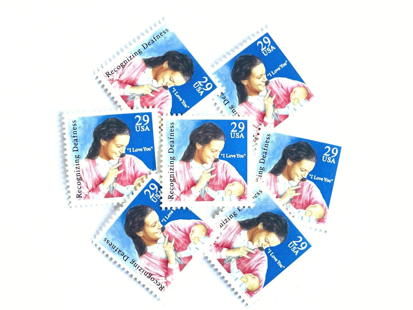 Vintage Unused American Sign Language Recognizing Deafness Stamps (Mother and Baby, I Love You, ASL, Blue/Pink) USPS Postage 29c - Heritage Post House
