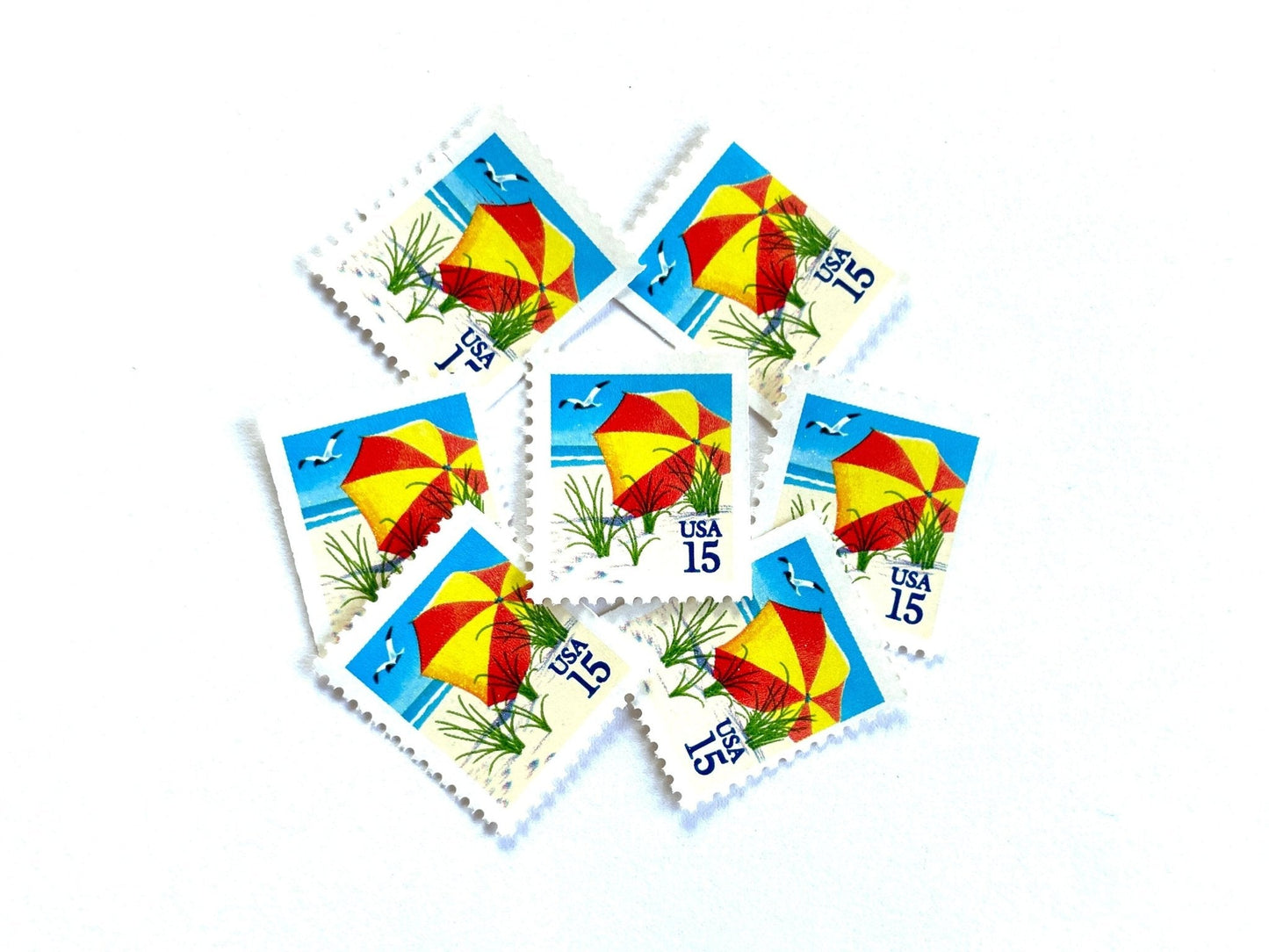 Vintage Unused Beach Umbrella Stamps (Nautical, Vacation, Mini - Scape) USPS Postage 15c - Heritage Post House