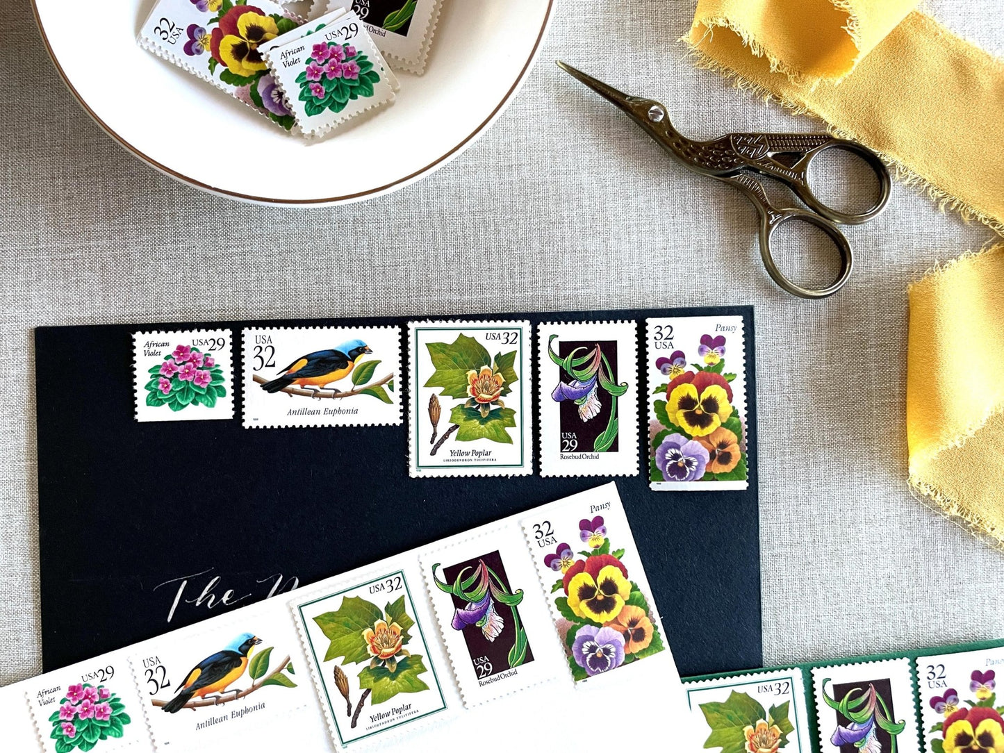 Vintage Unused Bright Botanical Postage Set of 5 Stamps (For Letters Weighing 3 - ounces ea., Flowers, Wedding) USPS Postage $1.54 per set - Heritage Post House