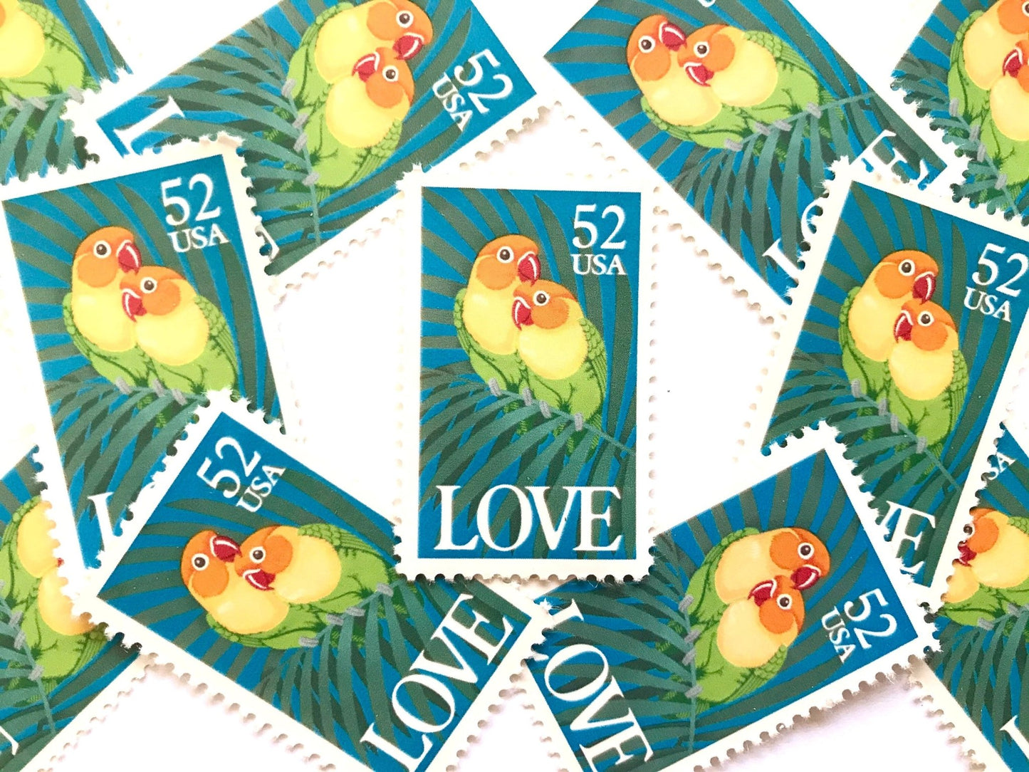 Vintage Unused Fischer's Love Birds Stamps (Love Series, Tropical, Parrot, Bird, Pair, Couple, Green) USPS Postage 52c - Heritage Post House