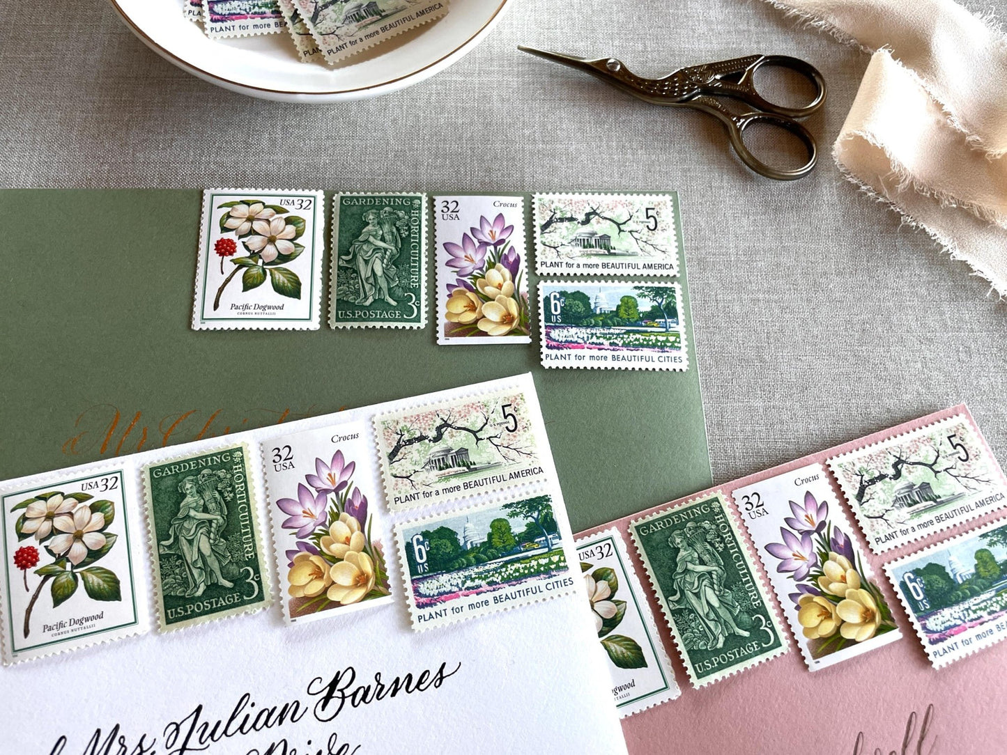 Vintage Unused Garden Botanical Postage Set of 5 Stamps (For Letters Weighing 1 - ounce ea., Flowers, Wedding) USPS Postage 78c per set - Heritage Post House