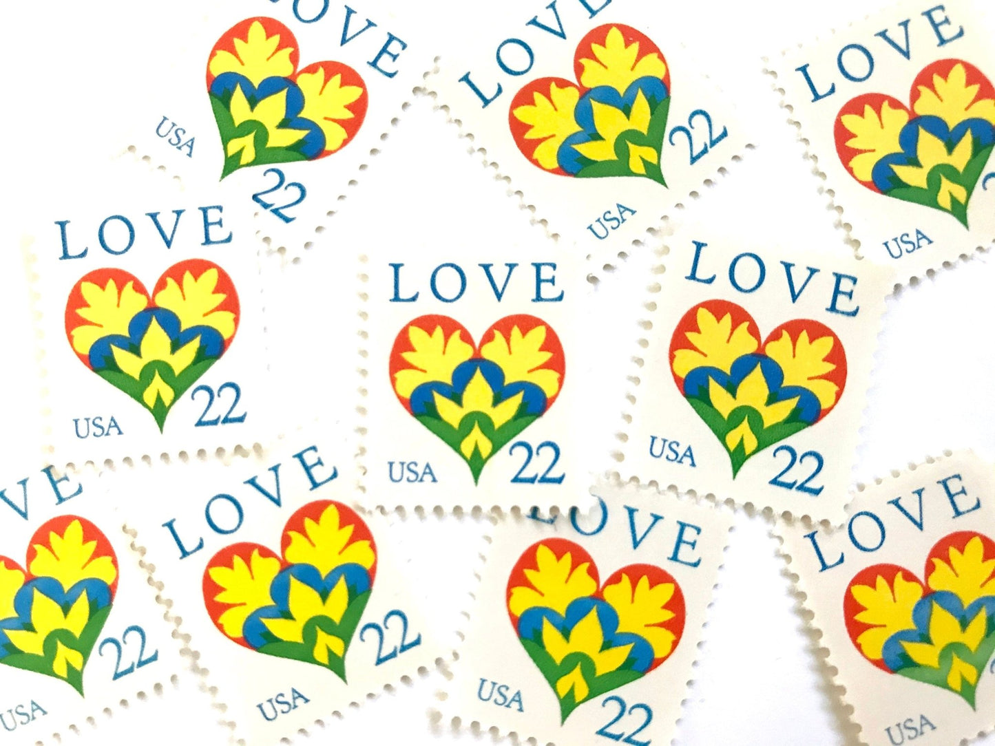 Vintage Unused Love Series Hearts and Flowers Stamps (Dutch folk art, Heart - shaped, San Francisco, Tony Bennett) USPS Postage 22c - Heritage Post House