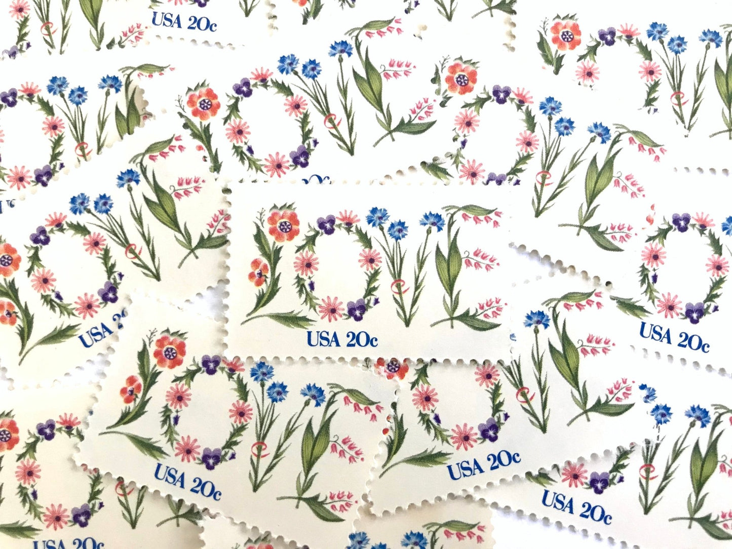 Vintage Unused Love Series Love Flowers Stamps (Botanical, Wedding, Bridal) USPS Postage 20c - Heritage Post House