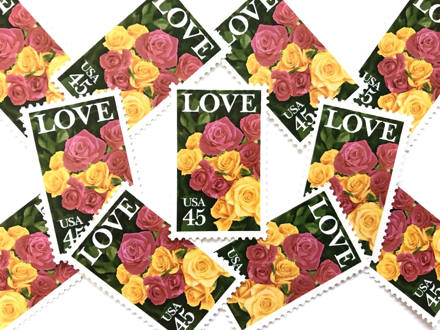 Vintage Unused Love Series Pink and Yellow Roses Stamps (Botanical, Rose, Flower) USPS Postage 45c - Heritage Post House