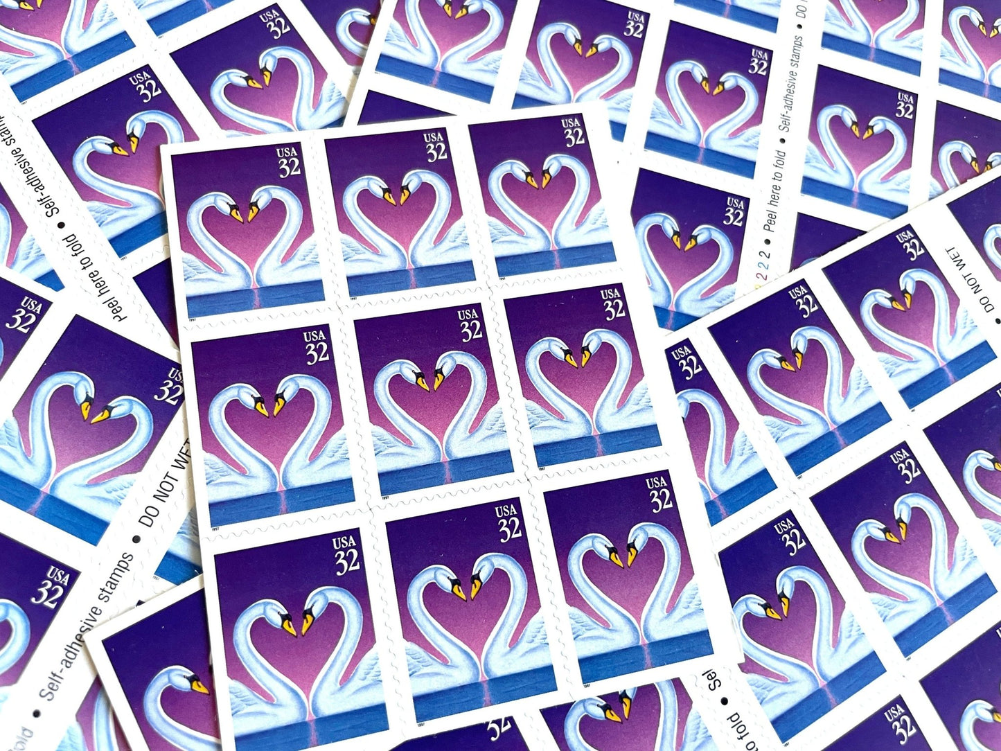 Vintage Unused Love Swans Stamps (Love Series, Heart, Blue/Purple), USPS Postage 32c - Heritage Post House
