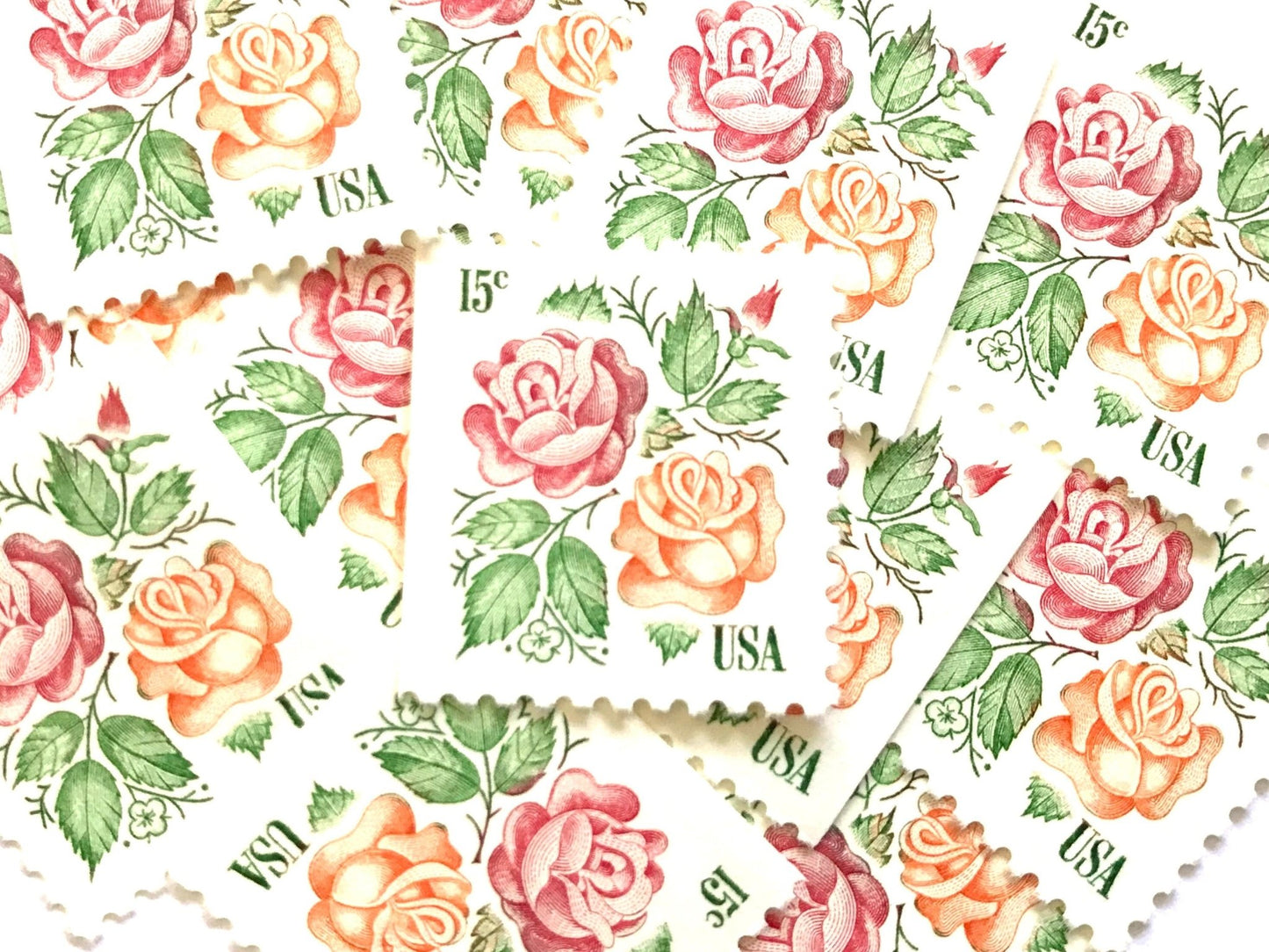 Vintage Unused Medallion Roses Stamps (Pink and Orange, Botanical, Rose, Flower) USPS Postage 15c - Heritage Post House