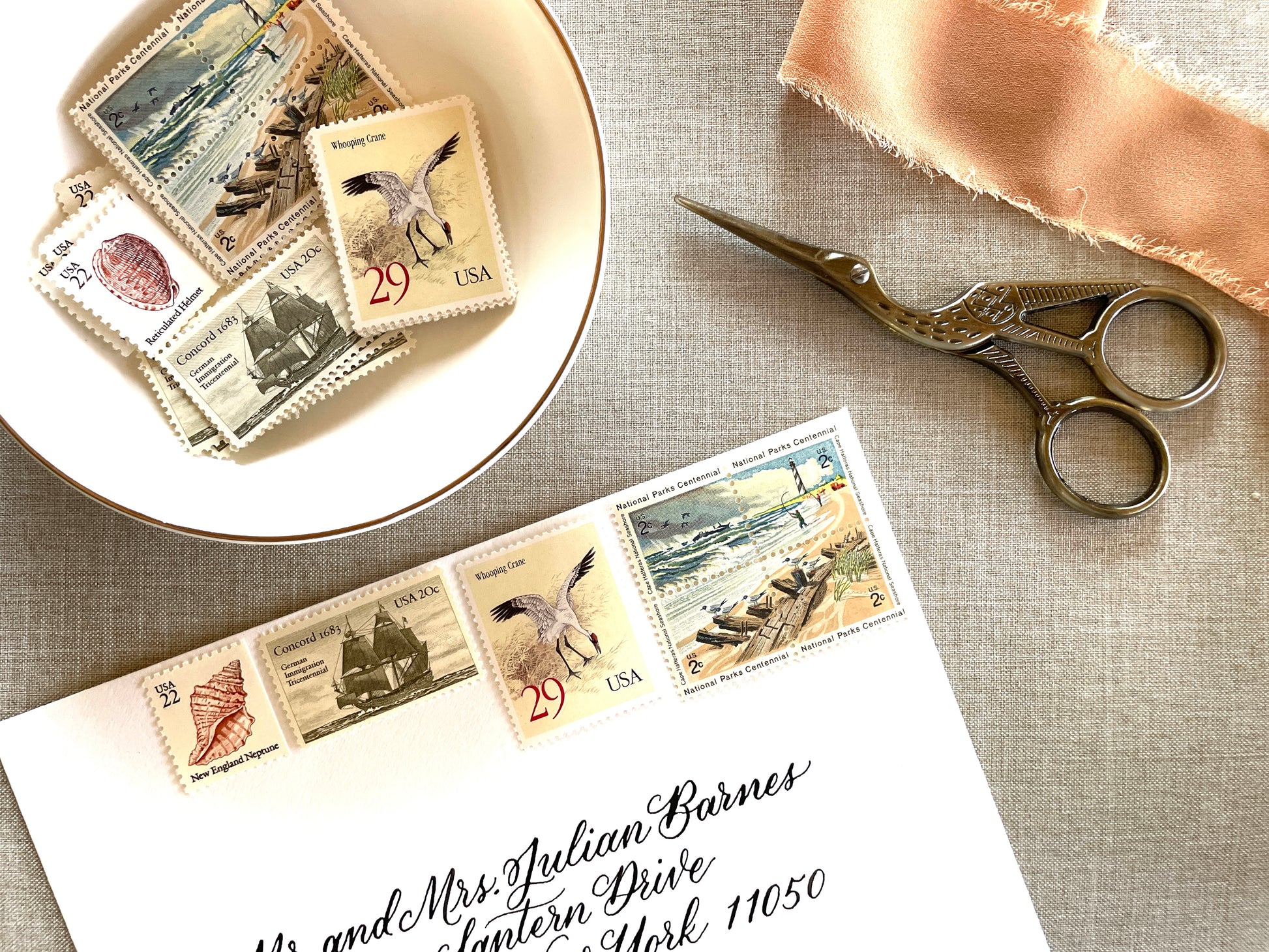 These unused vintage stamp sets are perfect for mailing beach, nautical, coastal, and marine-themed save-the-dates, wedding invitations, bridal shower invitations, and other special correspondence. Each curated set is comprised of four (4) unused stamps with a total USPS postage value of 79 cents — enough postage to mail a standard rectangular envelope that weighs up to one (1) ounce. These unused U.S. stamps are perfectly valid for use as current postage for mailing with USPS.