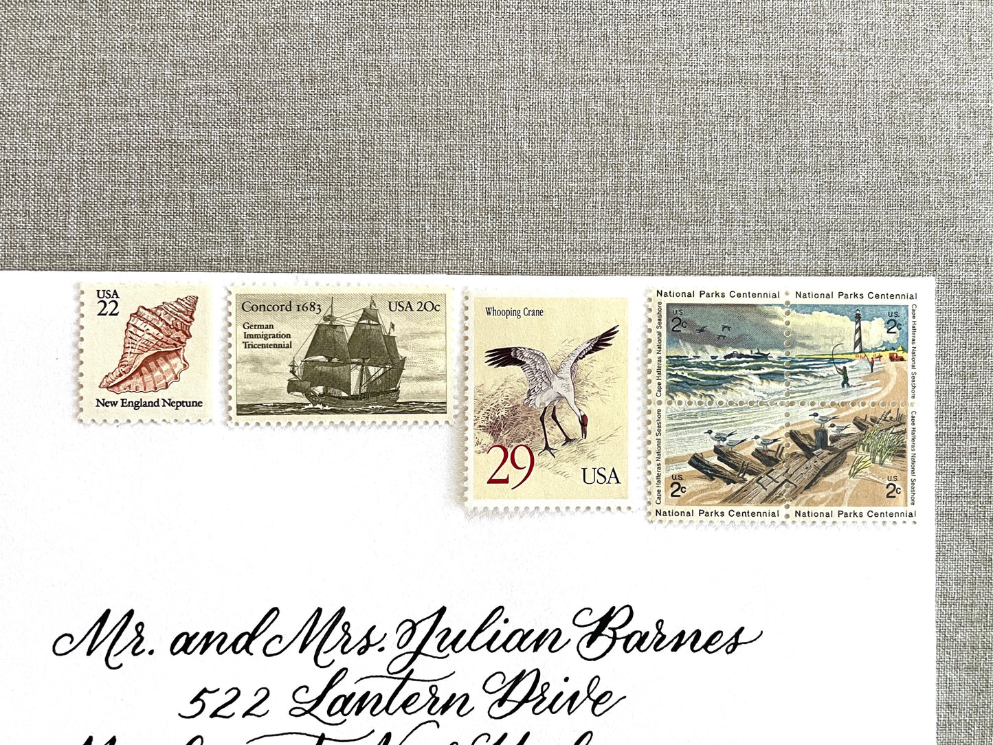 These unused vintage stamp sets are perfect for mailing beach, nautical, coastal, and marine-themed save-the-dates, wedding invitations, bridal shower invitations, and other special correspondence. Each curated set is comprised of four (4) unused stamps with a total USPS postage value of 79 cents — enough postage to mail a standard rectangular envelope that weighs up to one (1) ounce. These unused U.S. stamps are perfectly valid for use as current postage for mailing with USPS.